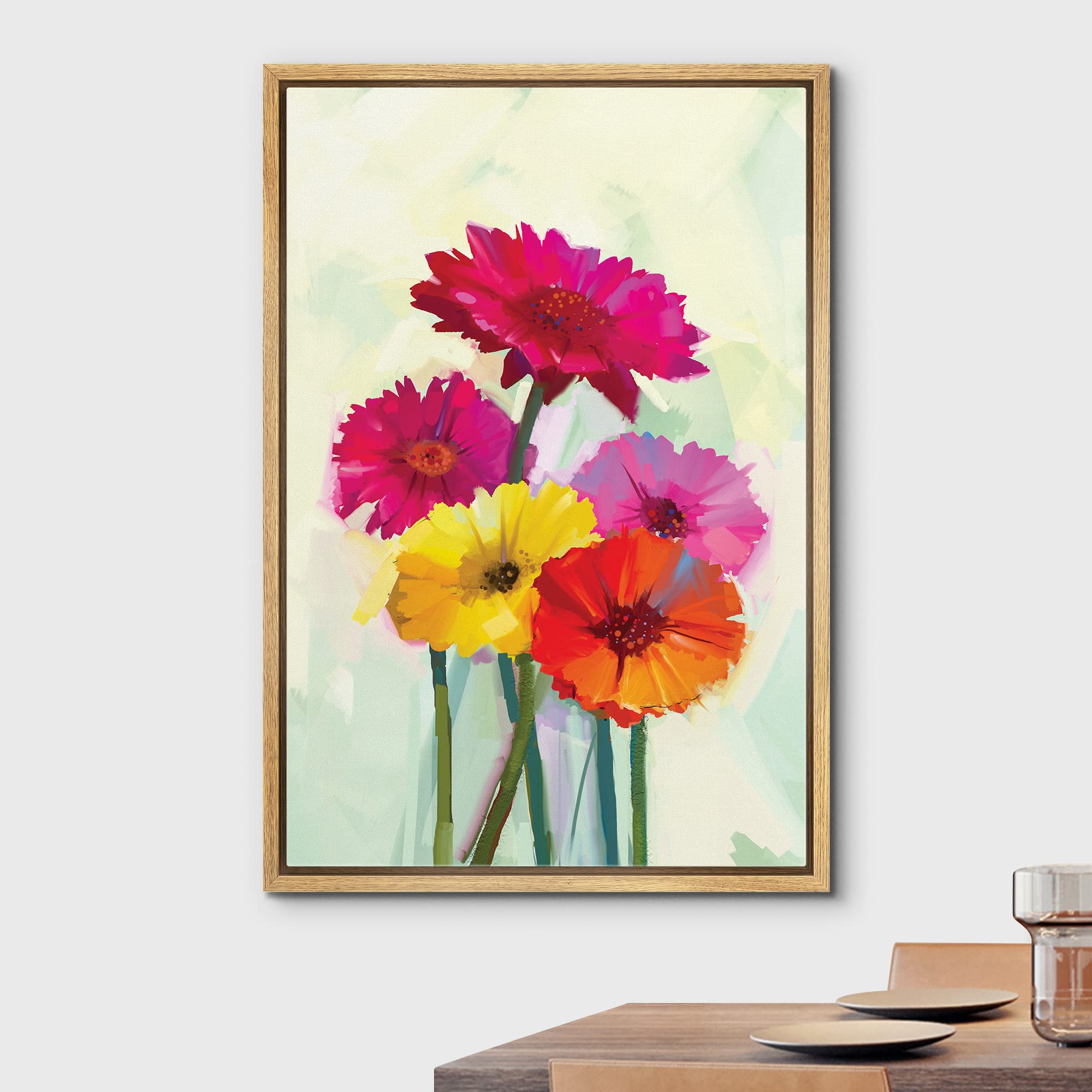 Wall26 Framed Canvas Print Wall Art Watercolor Effect Pink, Yellow & Orange Daisies Floral Botanical Illustrations Modern Art Ru