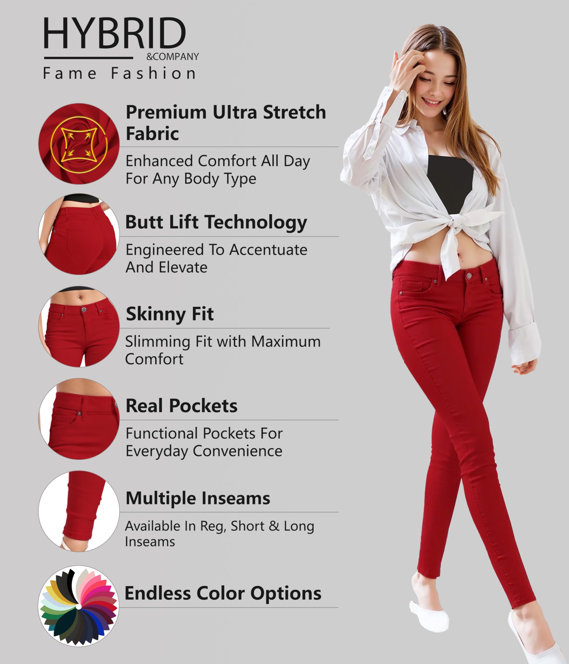 Womens Butt Lift Stretch Denim Jeans P37385Sk Red 3 Short