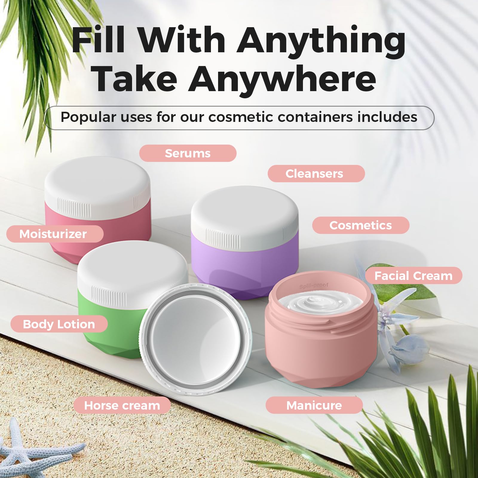Travel Containers For Toiletries, Silicone Cream Jars Tsa Approved 2.5Oz Travel Size Containers With Toiletry Bag, Wide Mouth Le
