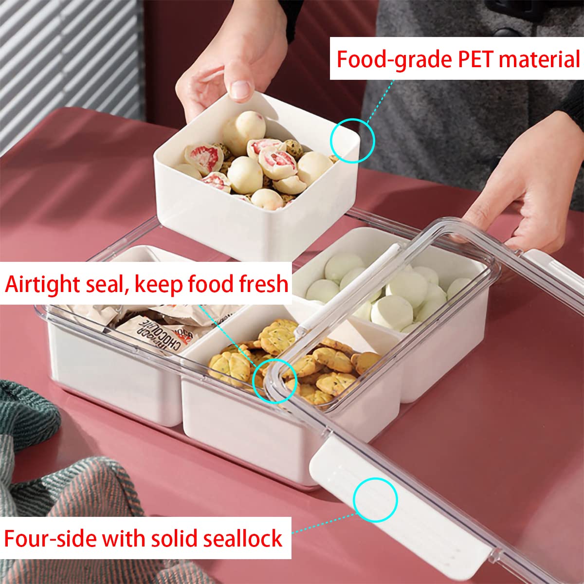 Minesign Divided Serving Tray With Lid For Veggie Charcuterie Container Portion Control Salad Keeper With 4 Removable Boxes Stac