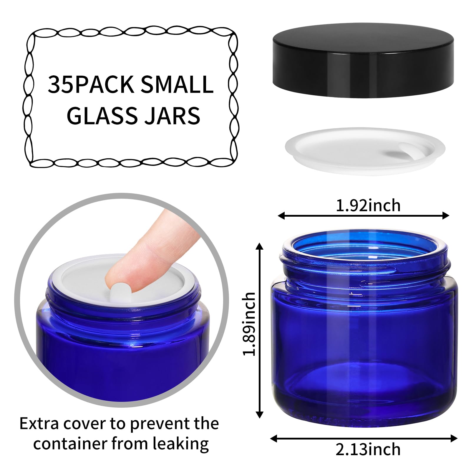 Keywing 2Oz Small Glass Jars With Black Lids, 35 Pack Blue Round Glass Cosmetic Jars With Inner Liners For Cream, Lotions, Powde