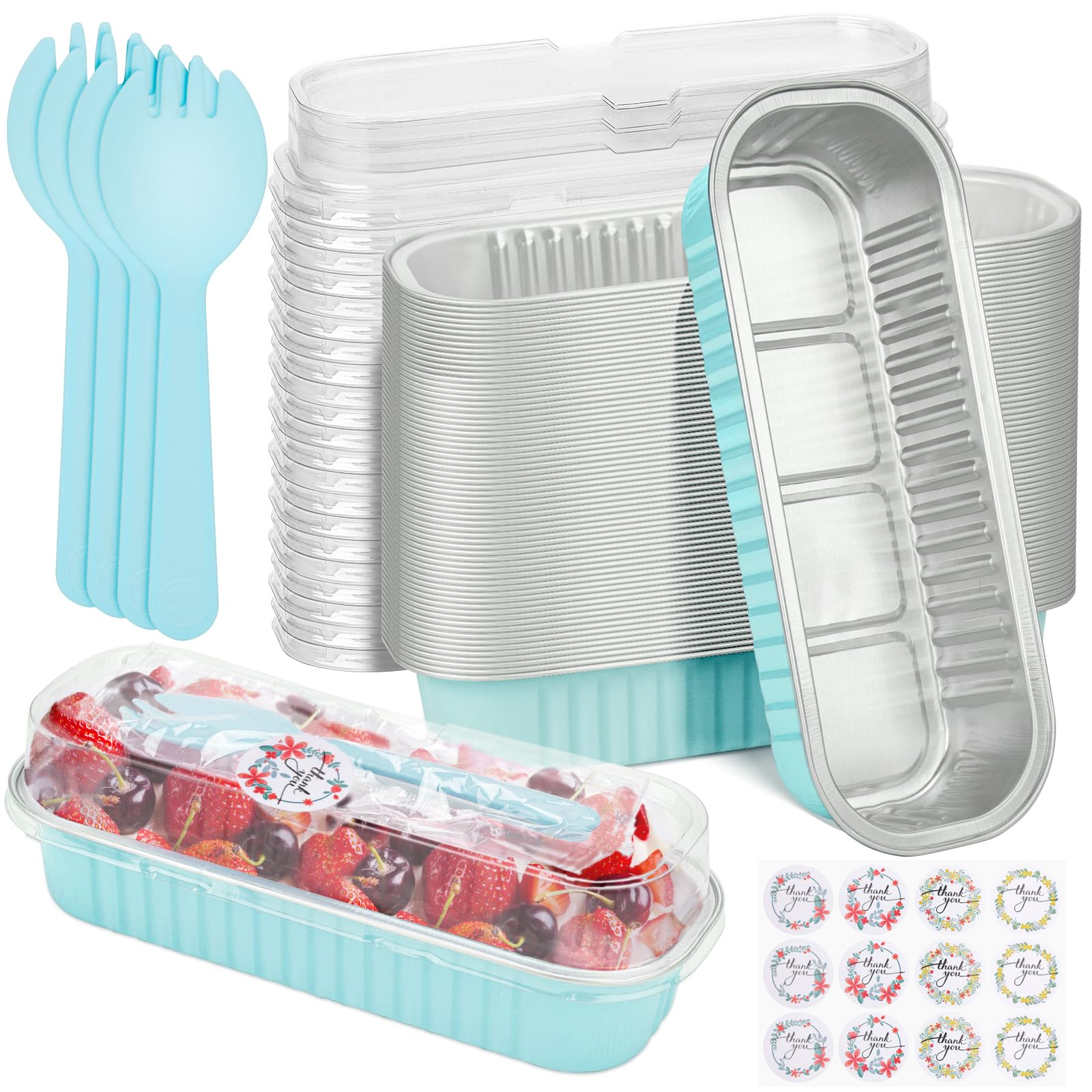 ylnurac 200Pack Mini Cake Pans Disposable Mini Loaf Pans with Lids and Spoons and Stickers, 6.8Oz Aluminum Foil Pans Tins, Indiv