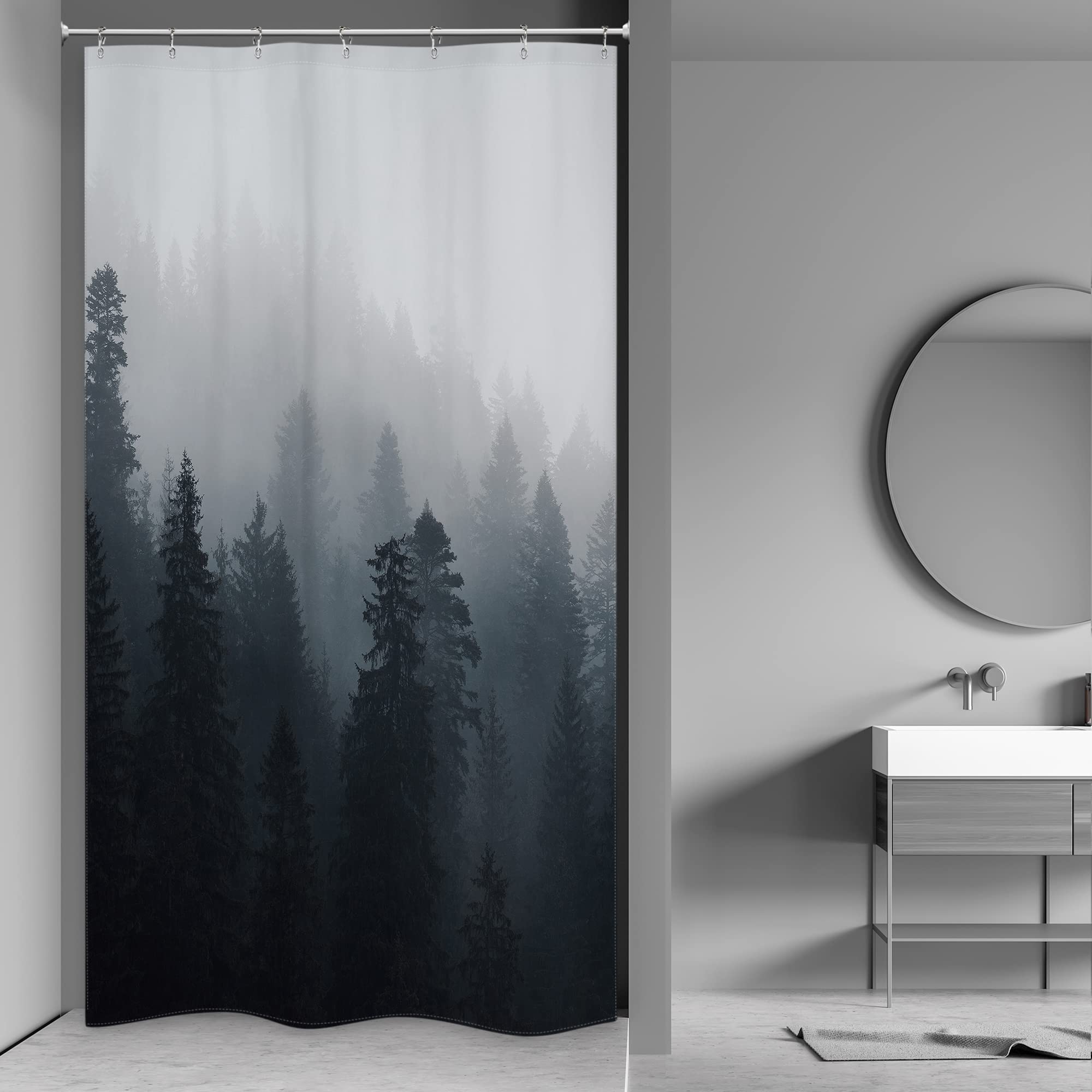 Riyidecor Stall Forest Dark Men Small Half Shower Curtain 36Wx72H Inch Nature Gothic Tree Winter Mountain Foggy Woodland Narrow