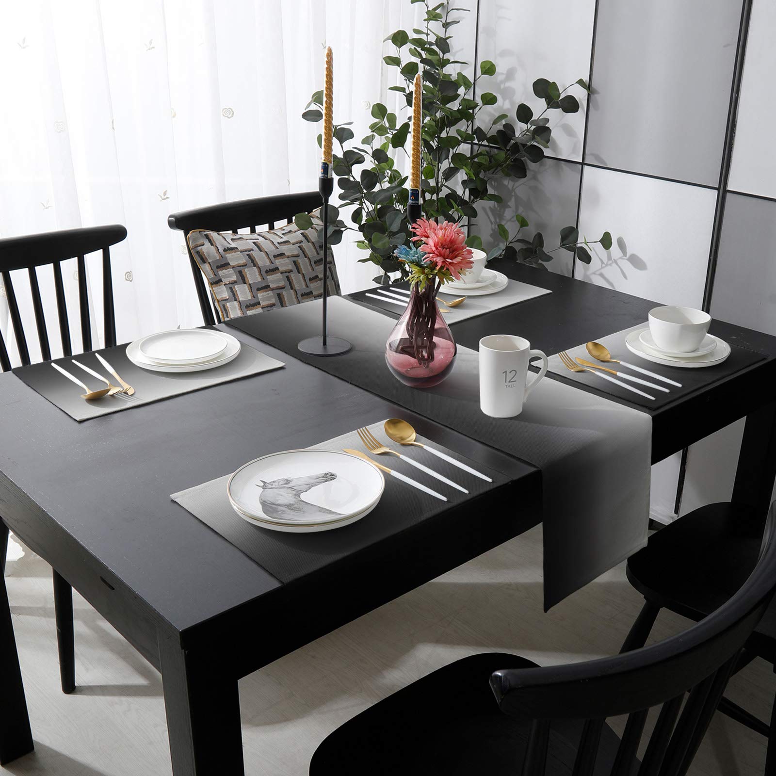 Artwork Store 70 Inch Table Runner And Placemats Set Of 6 Kits For Dinner Table, Ombre Black Grey Heat Resistant Cotton Linen Ta