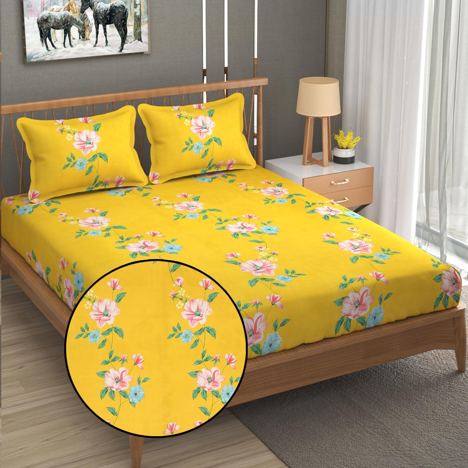 Kawi King Size Microfiber All Over Elastic Fitted Double 220 Tc Floral Bedsheet Cotton Feel (72X78 X 6) With 2 Pillow Covers, Co