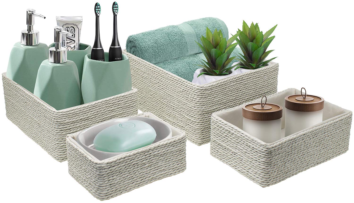 Sorbus Storage Baskets 4-Piece Set - Stackable Woven Basket Paper Rope Bin Boxes For Makeup, Office Supplies, Bedroom, Closet (B