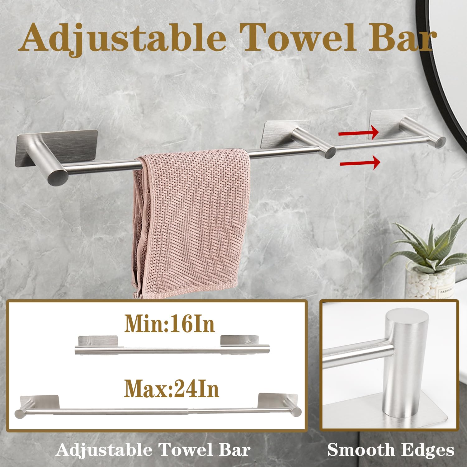 Vanloory Self Adhesive Bath Towel Bar, Stainless Steel Towel Racks For Bathroom Adjustable 16-24In No Drill Towel Holder Stick O