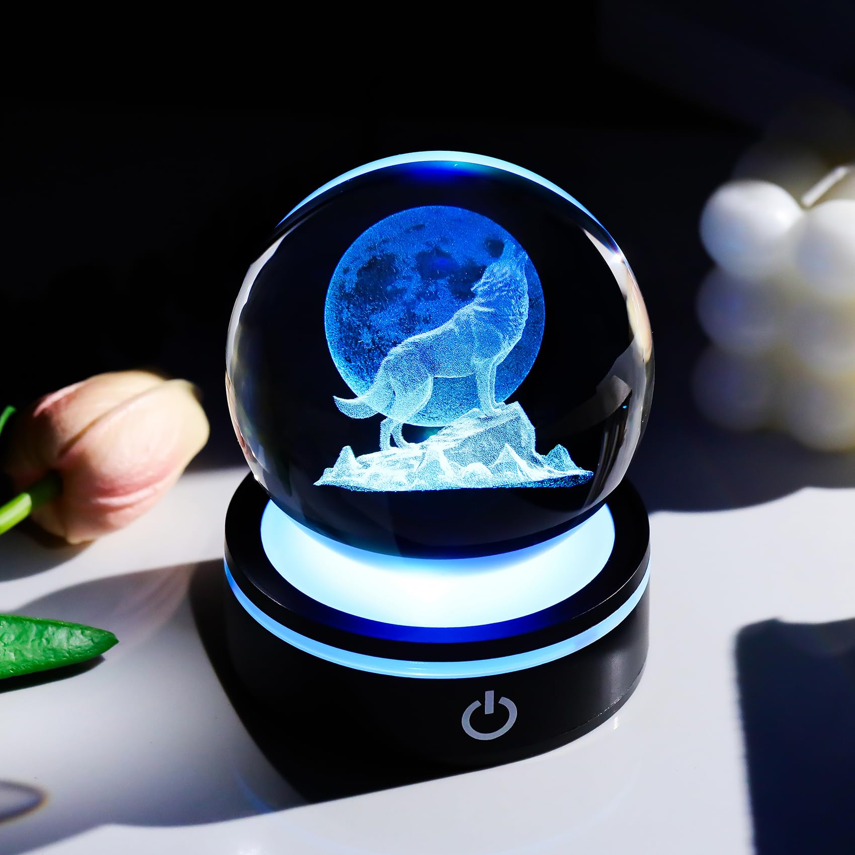 YWHL 3D Crystal Ball Moon Wolf Figurine with Colorful LED Base, Laser Wolf Gifts for Women Men Wolves Lovers on Christmas Birthd