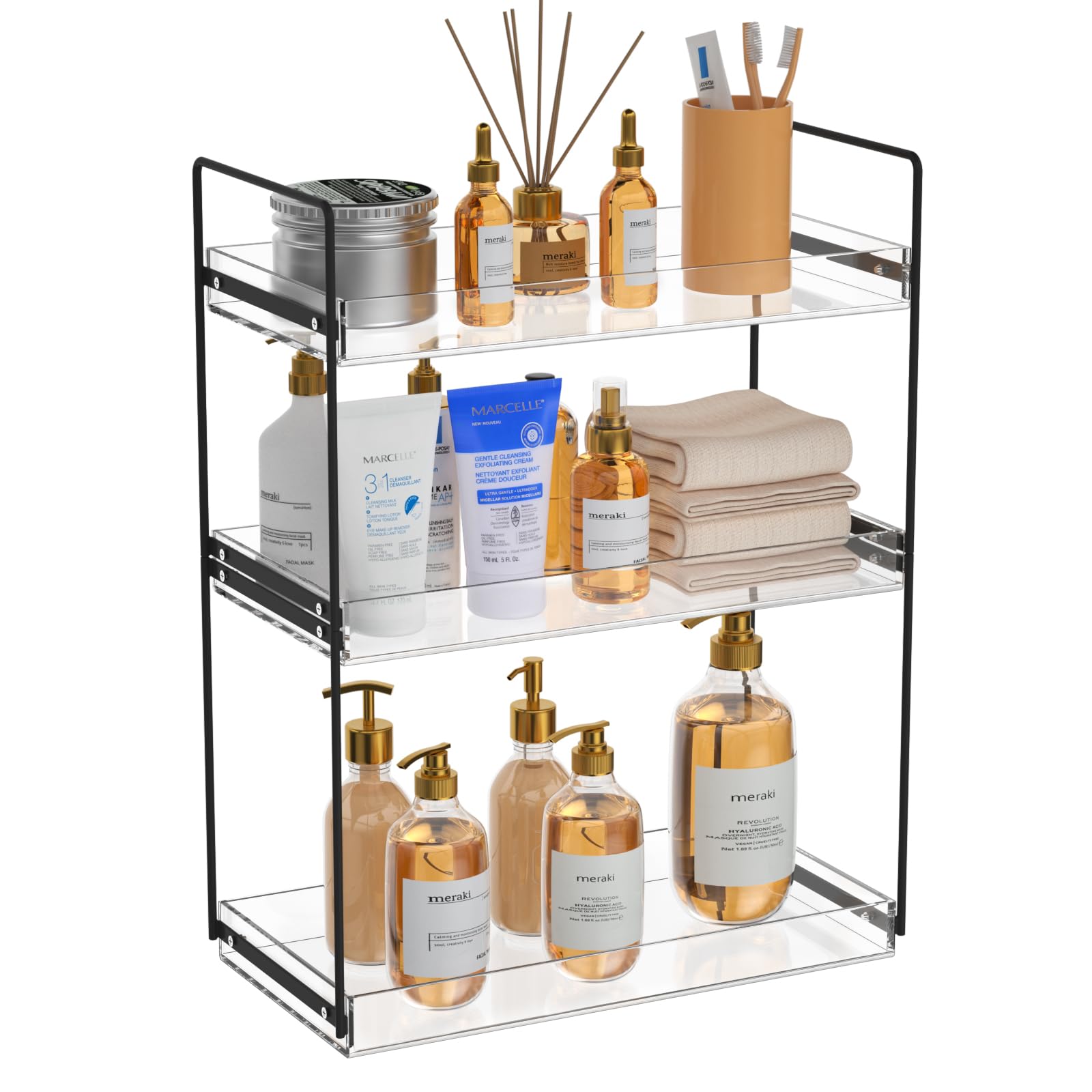 Npplus Bathroom Countertop Organizer, 3 Tier Metal Vanity Counter Skincare Shelf, Matte Black Under Sink With Acrylic Tray, Home