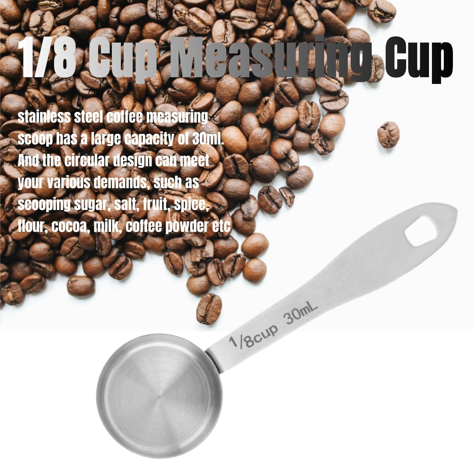 30Ml Measuring Spoon, Stainless Steel Coffee Bean Measuring Scoop Long Handle 1/8 Cup Measuring Cup For Sugar Milk Fruit Powder