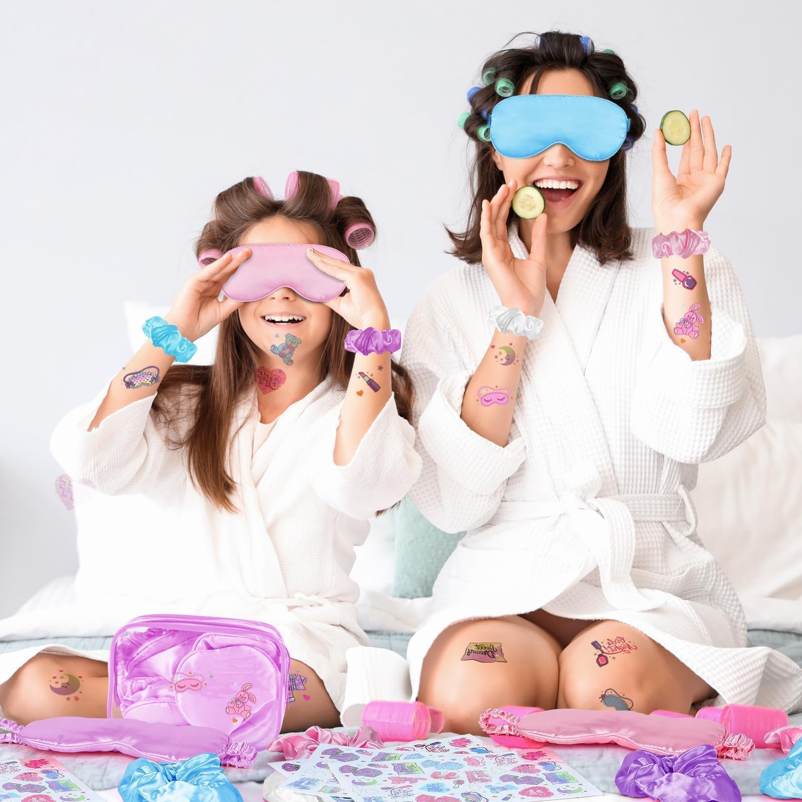 YLOLUL 16 Pcs Spa Sleepover Party Supplies for Girls Makeup Party Favor with Hair Scrunchies Clear Cosmetic Bags Eye Masks Sleep