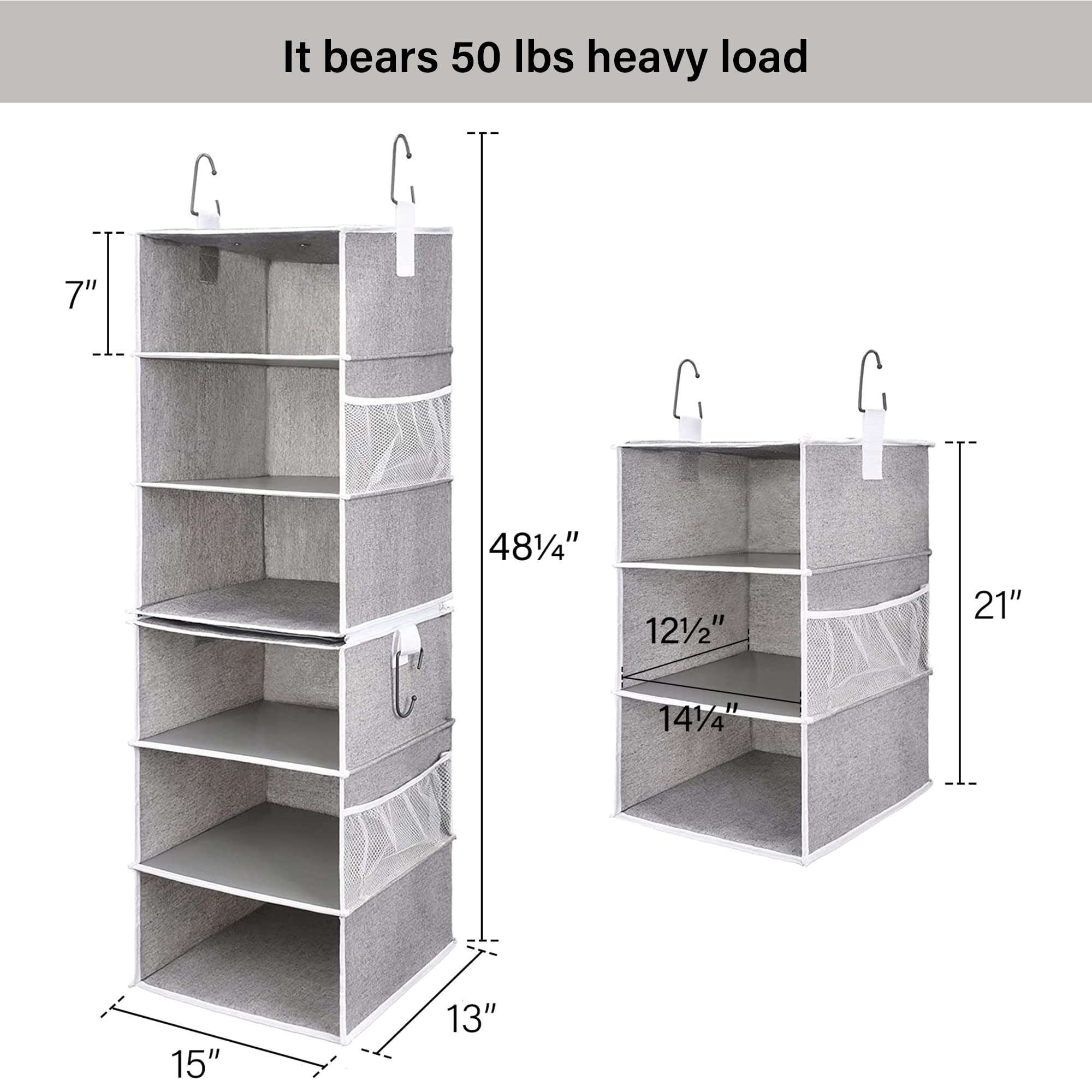Storageworks 6-Shelf Jumbo Hanging Closet Organizers, Two 3-Shelf Separable Closet Hanging Shelves, Gray, Canvas, 13 '' D X 15 '