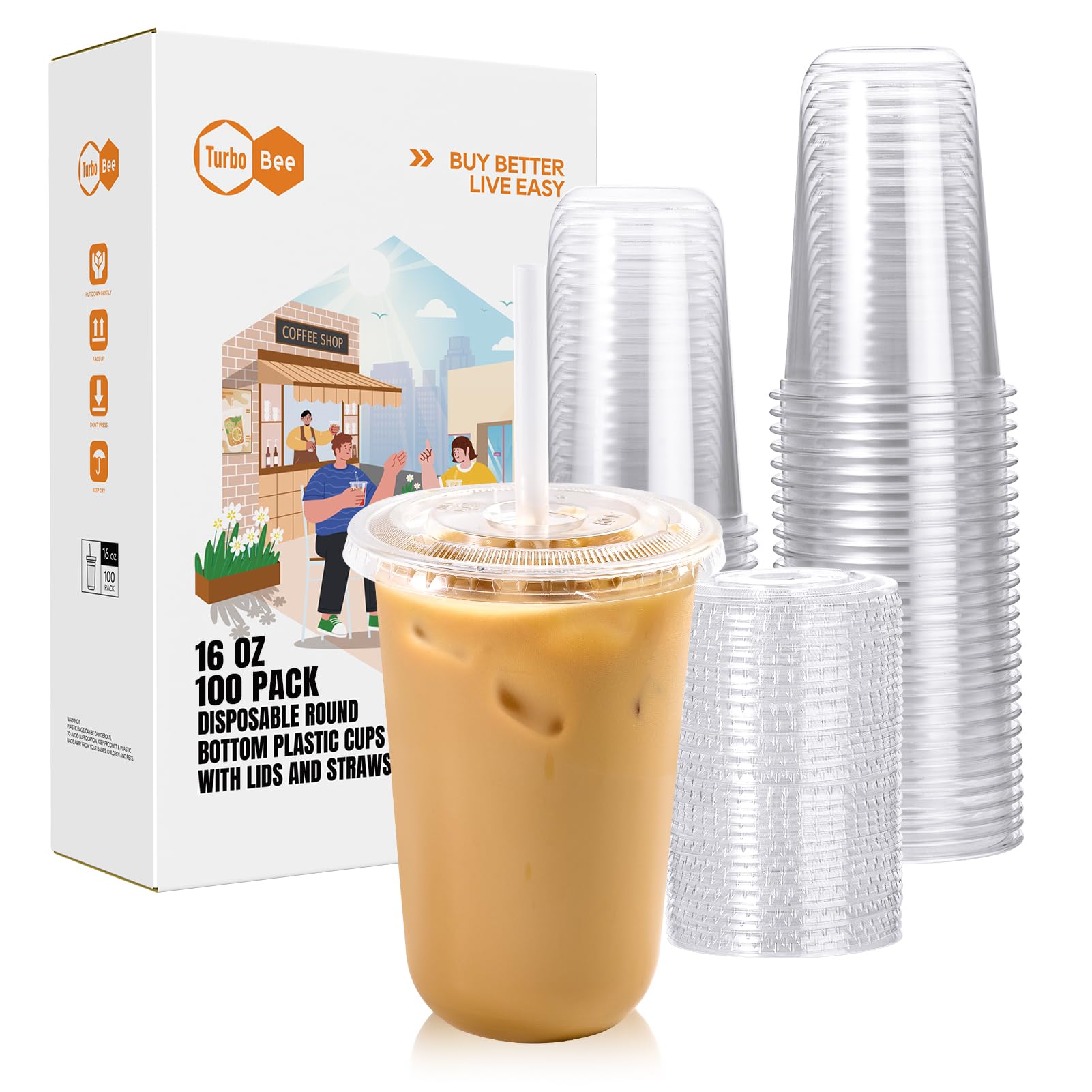 Turbo Bee Disposable Plastic Cups with Lids and Straws, 16 OZ, 100 Pack