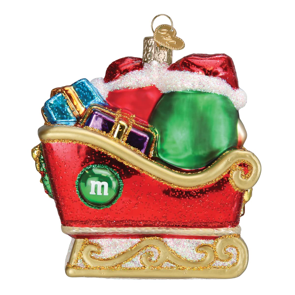 Old World Christmas M&M S in Sleigh Glass Blown Ornament for Christmas Tree, Handcrafted Holiday Decoration, M&Ms Collection