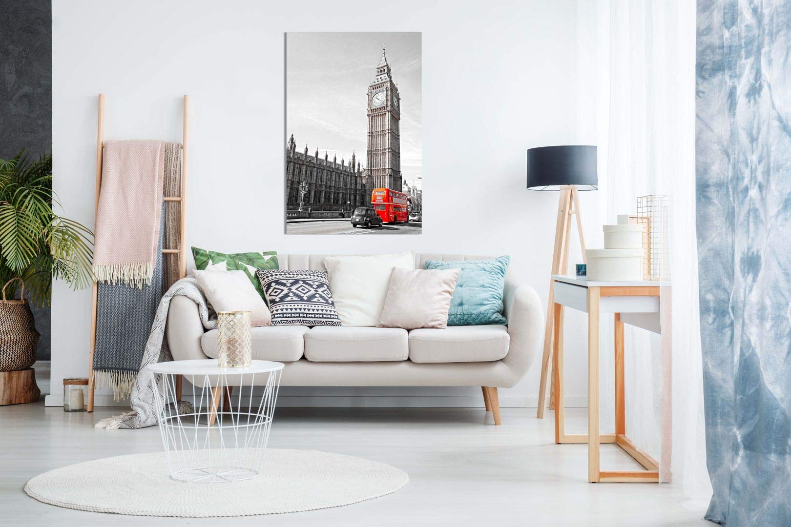 Big Ben London Bus Black White Red Home Canvas Wall Art Picture Print (36X24In)