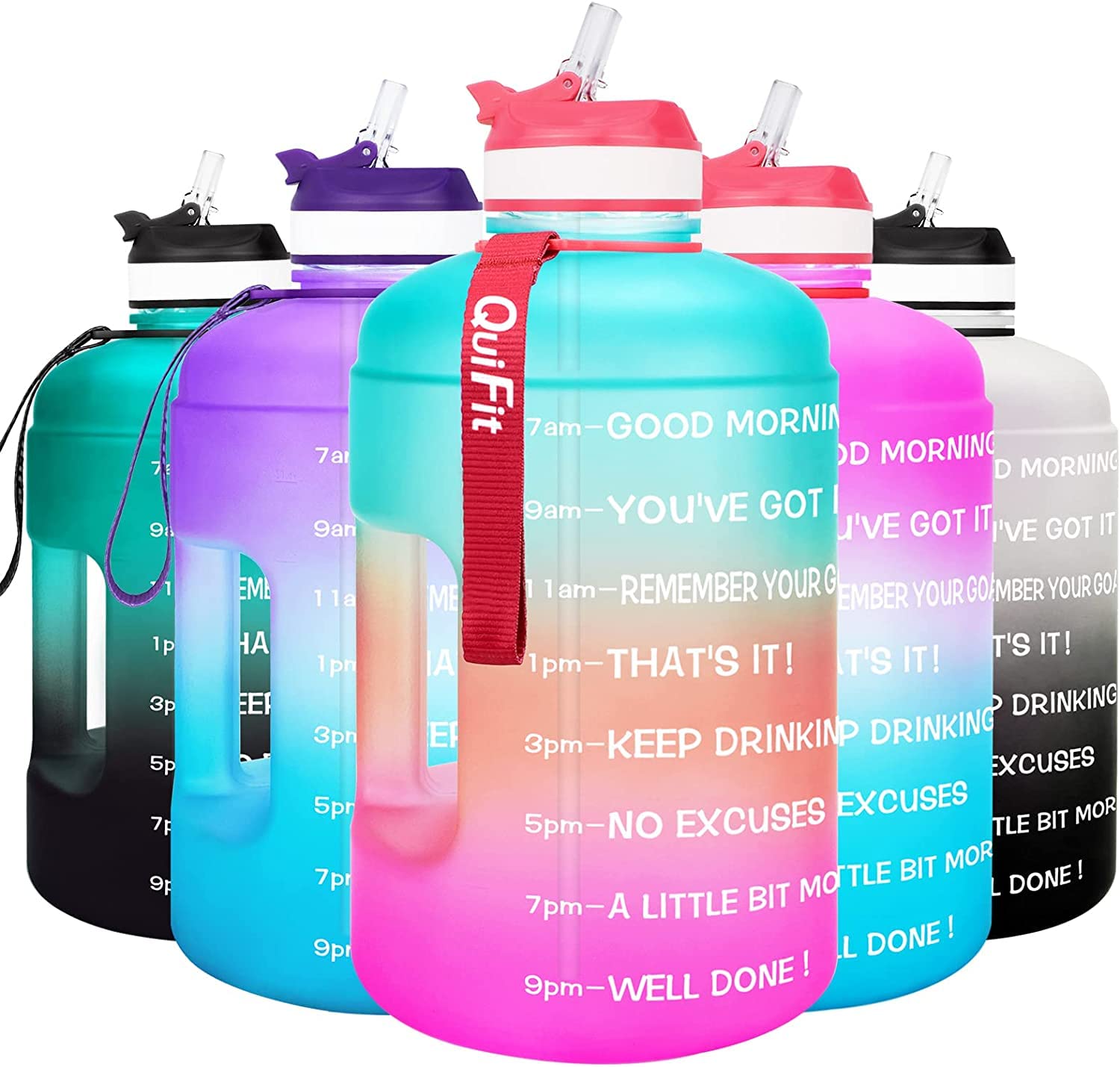 QuiFit Motivational Gallon Water Bottle - with Straw & Time Marker BPA Free Large Reusable Sport Water Jug with Handle for Fitne