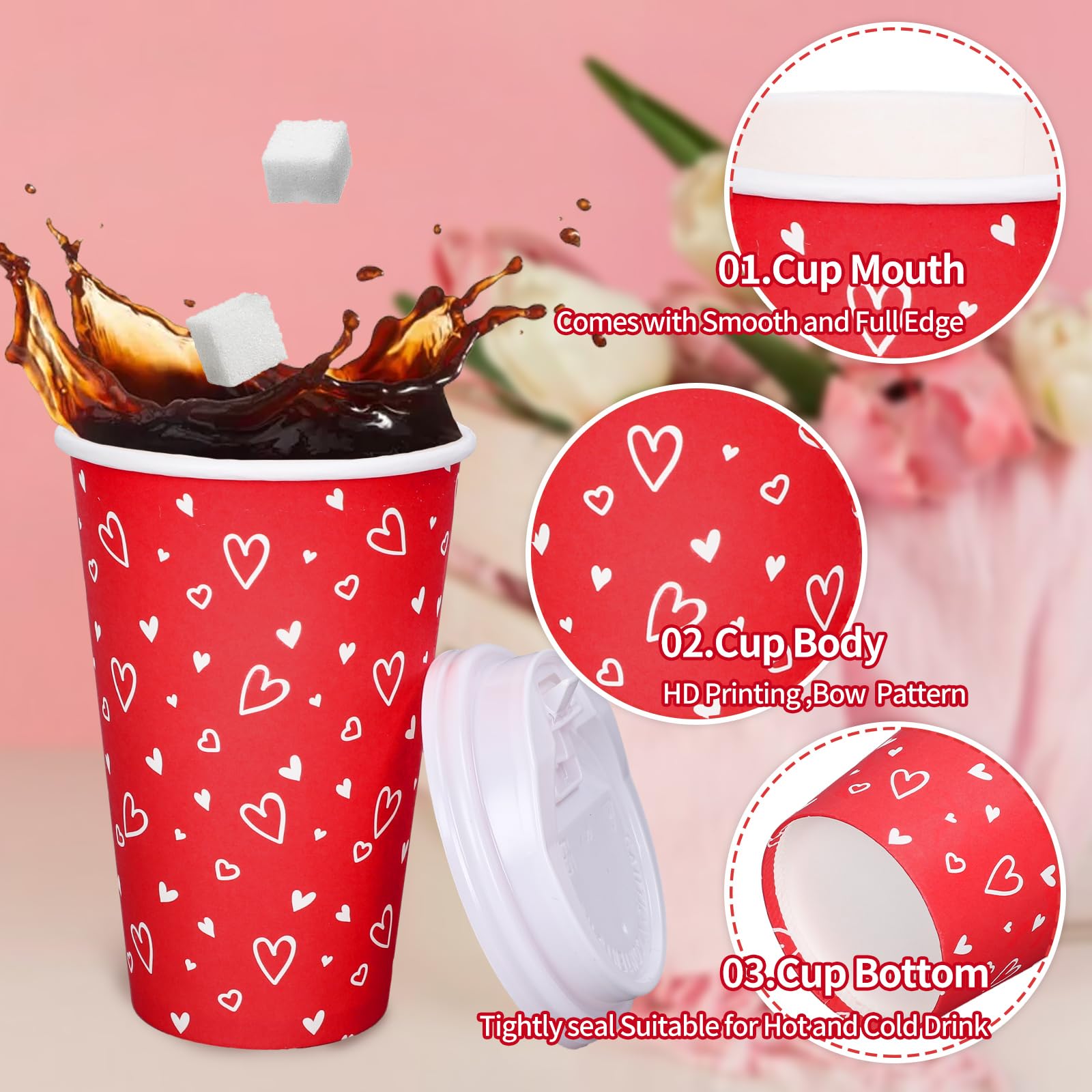 Whaline 50 Set Valentine'S Day Disposable Coffee Cups With Lids And Sleeves Red White Love Heart Paper Drinking Cups For Wedding