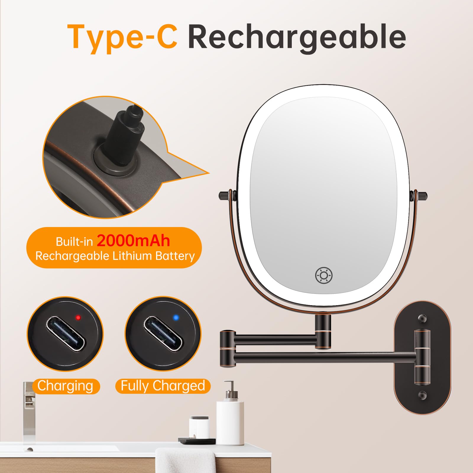 Rechargeable Wall Mounted Lighted Makeup Mirror, 8 Inch Double Sided Led Vanity Mirror 1X/7X Magnification,3 Color Lights Touch