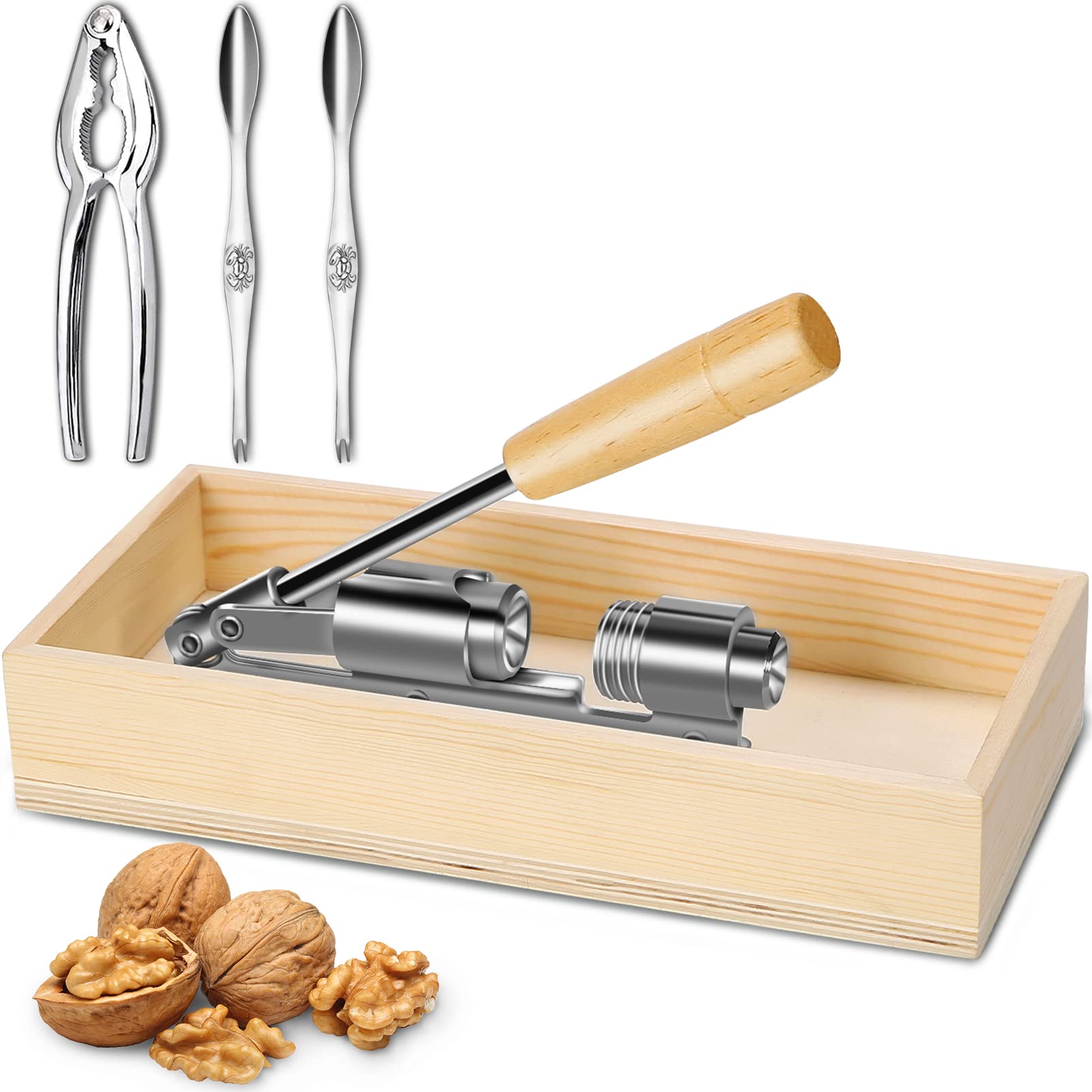 Artcome Heavy Duty Pecan Nut Cracker Tool With 1 Crab Cracker, 2 Wide Crab Forks, Wood Handle Base With Rectangular Wooden Box B