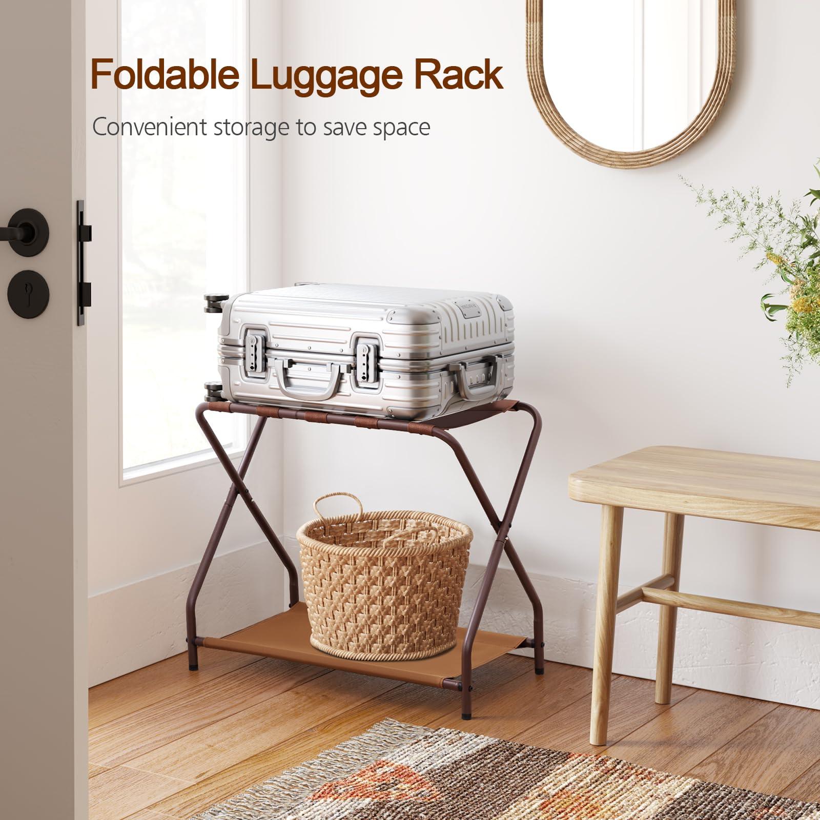 Amhancible Luggage Rack, Set Of 2, Foldable Suitcase Stands For Guest Room, Metal Luggage Holder With Storage Shelf For Bedroom,