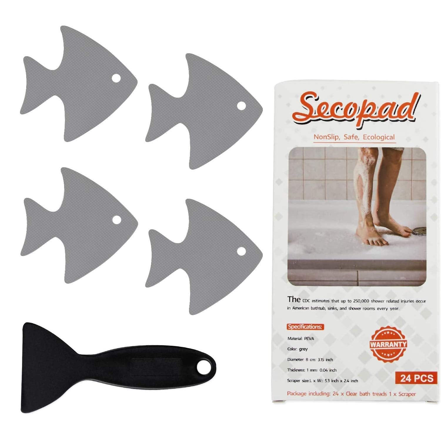 Secopad Bathtub Stickers Non-Slip, 24 Pcs Safety Shower Treads Adhesive Appliques With Premium Scraper (Gray)