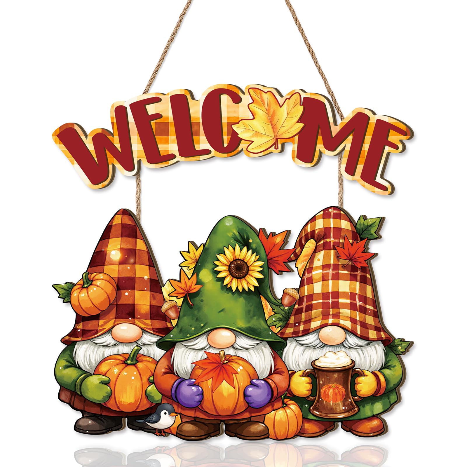 Aurlan Fall Welcome Door Sign,Hello Autumn Gnome Wooden Sign,Rustic Pumpkin Wood Wall Sign,Fall Gnome Wall Decor,Autumn Maple Le