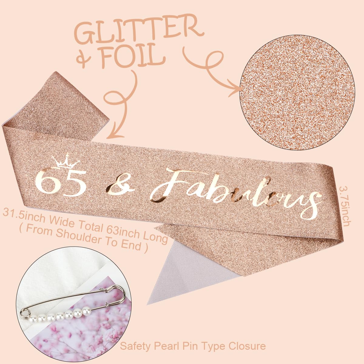 Tobatoba 65Th Birthday Decorations Women, Rose Gold Birthday Sash And Tiaras For Women, 65Th Birthday Gifts For Women, 65 And Fa