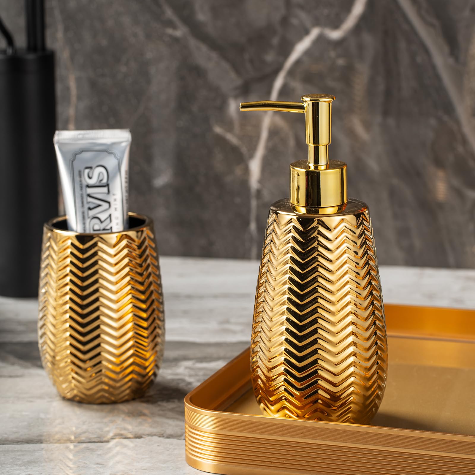 Gold Bathroom Accessories 3Pcs Stylish Bathroom Accessories Set Gold Soap Dispenser Pump, Tumbler And Soap Dish Modern Decor Wav
