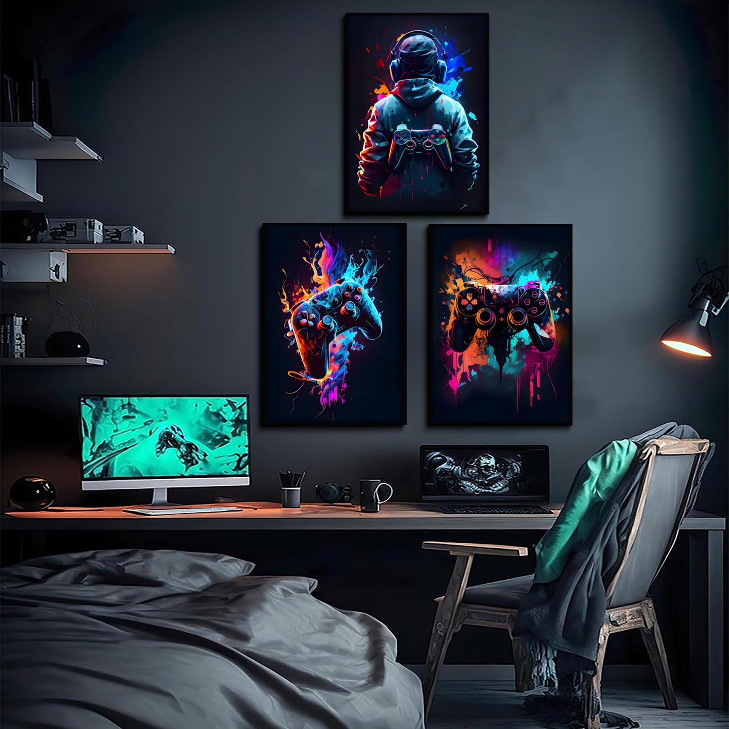 3Pcs Cool Gaming Wall Art Retro Video Game Watercolor Posters Pictures Colorful Neon Gamepad Canvas Painting Prints For Boys Roo