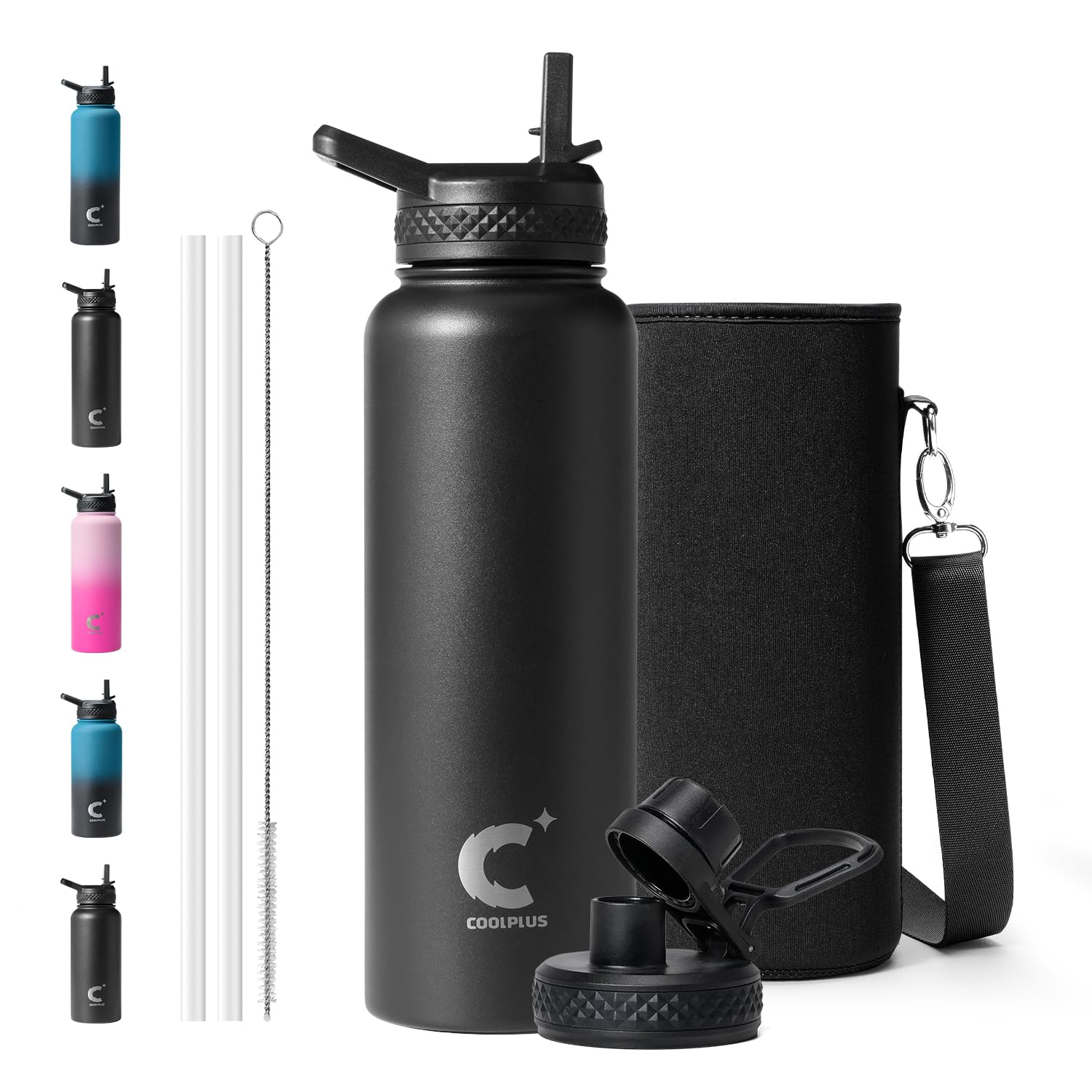 Coolplus 40 oz Water Bottle Insulated, 18/8 304 Stainless Steel Water Flask With Straw Metal DoubleWalled Vacuum With Carry Sle