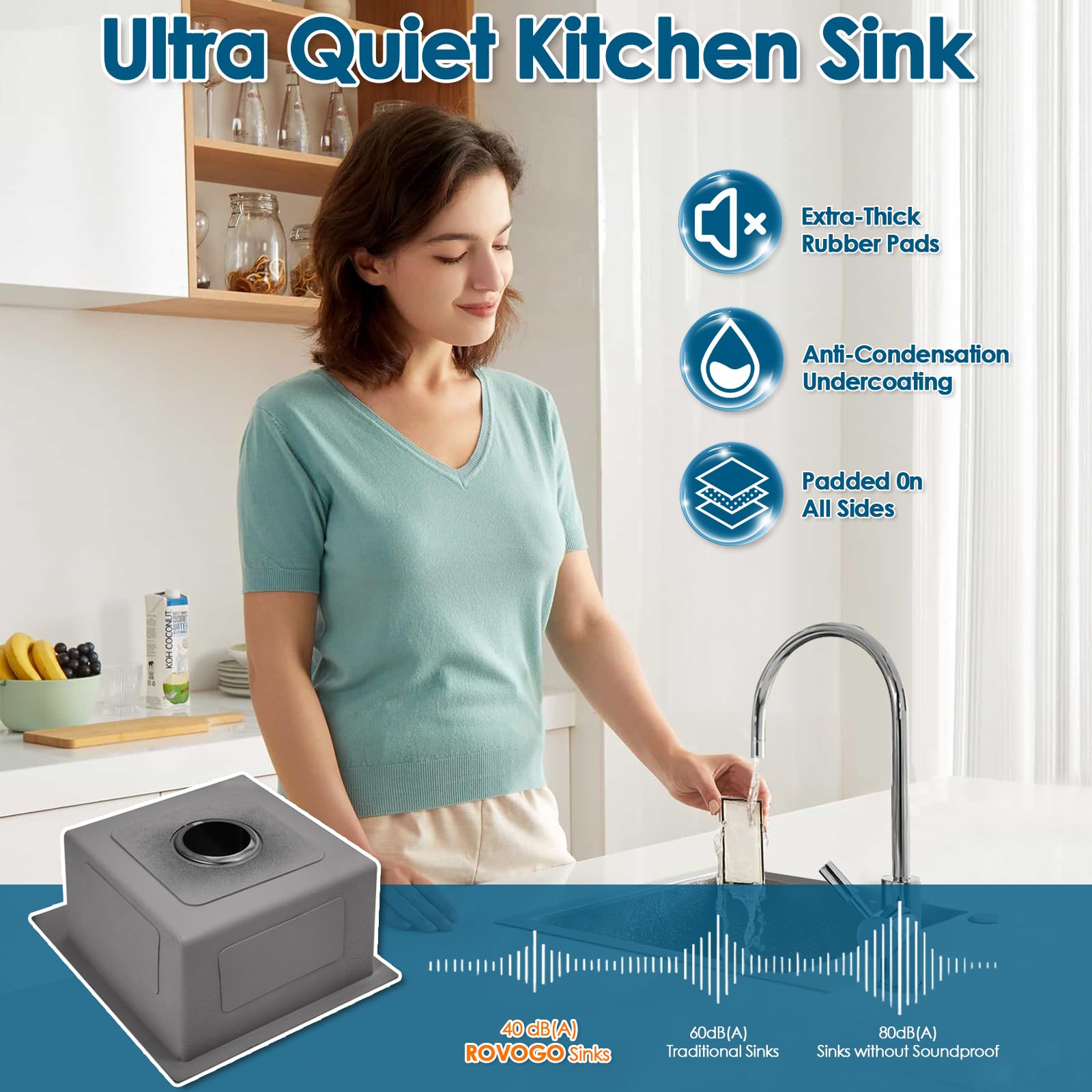 Rovogo 17X19X8 In. Bar Sink Drop In, Top Mount Kitchen Sink Single Bowl 304 Stainless Steel, Small Wet Bar Prep Sink With 1 Hole