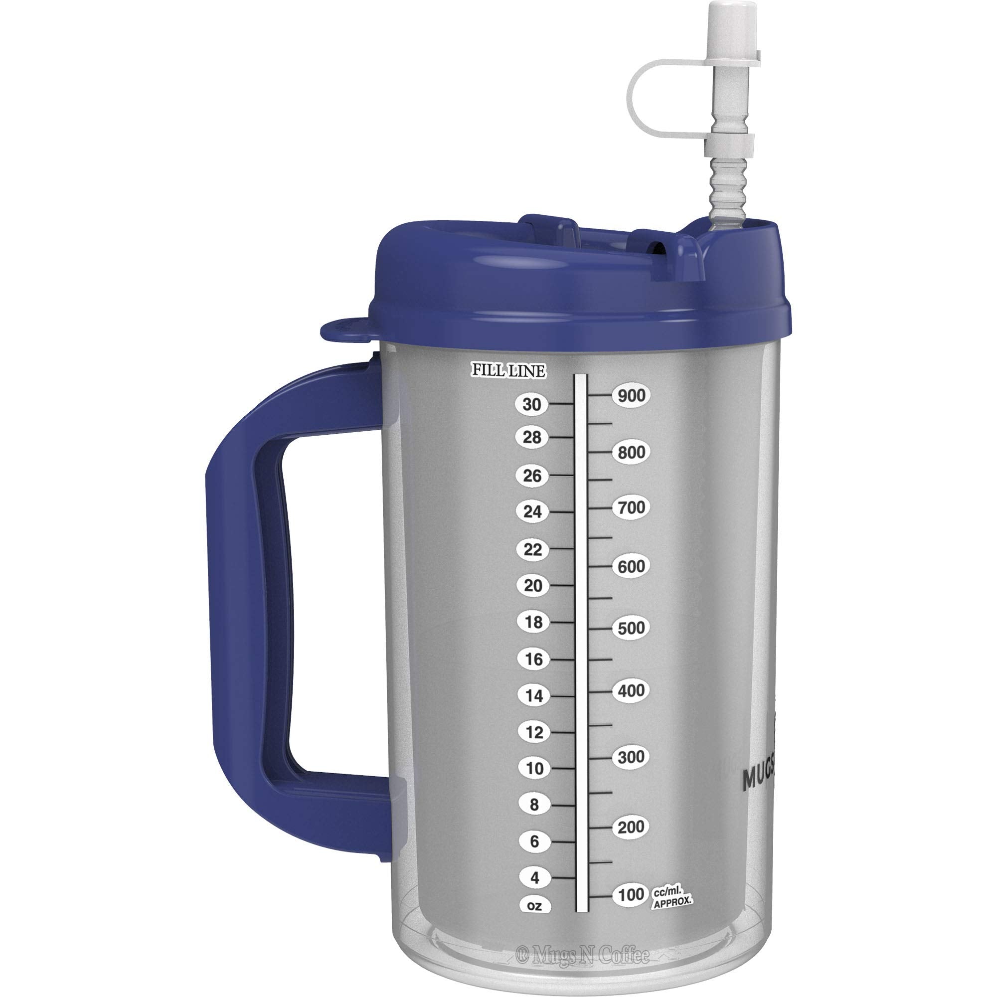 32 Oz Double Wall Insulated Hospital Mug - Cold Drink Mug - Large Carry Handle - Includes Straw (1, Blue)