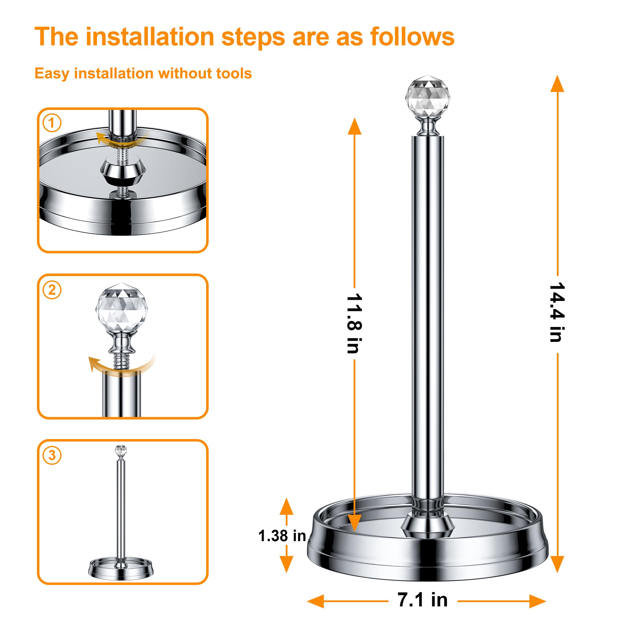 Kasunto Paper Towel Holder (With Crystal Ball) Steel Paper Towel Holder Countertop,Paper Towel Holder Stand For Kitchen Countert