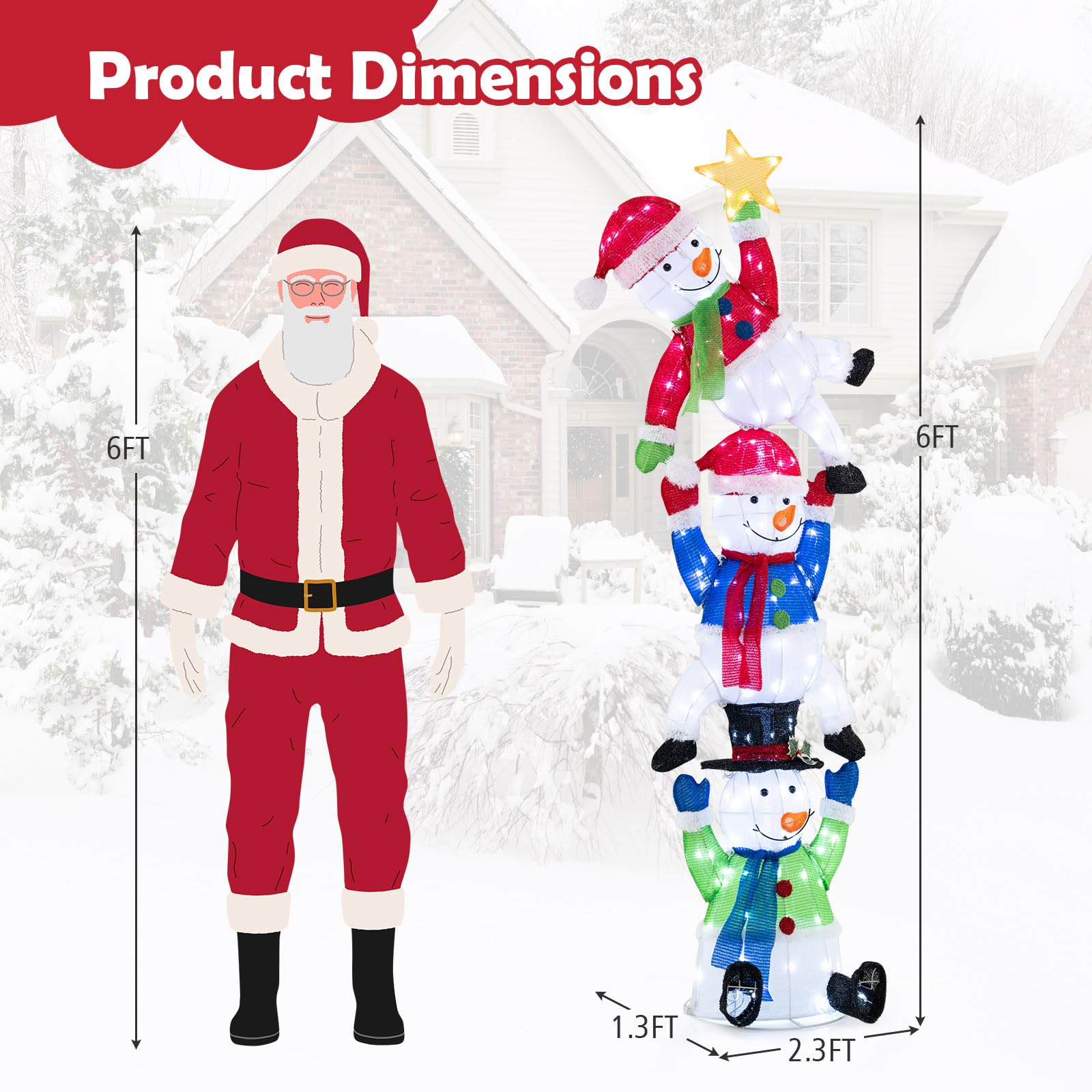 Tangkula 6 FT Lighted Christmas Stacked Snowman Set, Light-up Christmas Decoration with 155 LED Lights, Ground Stakes & Zip Ties