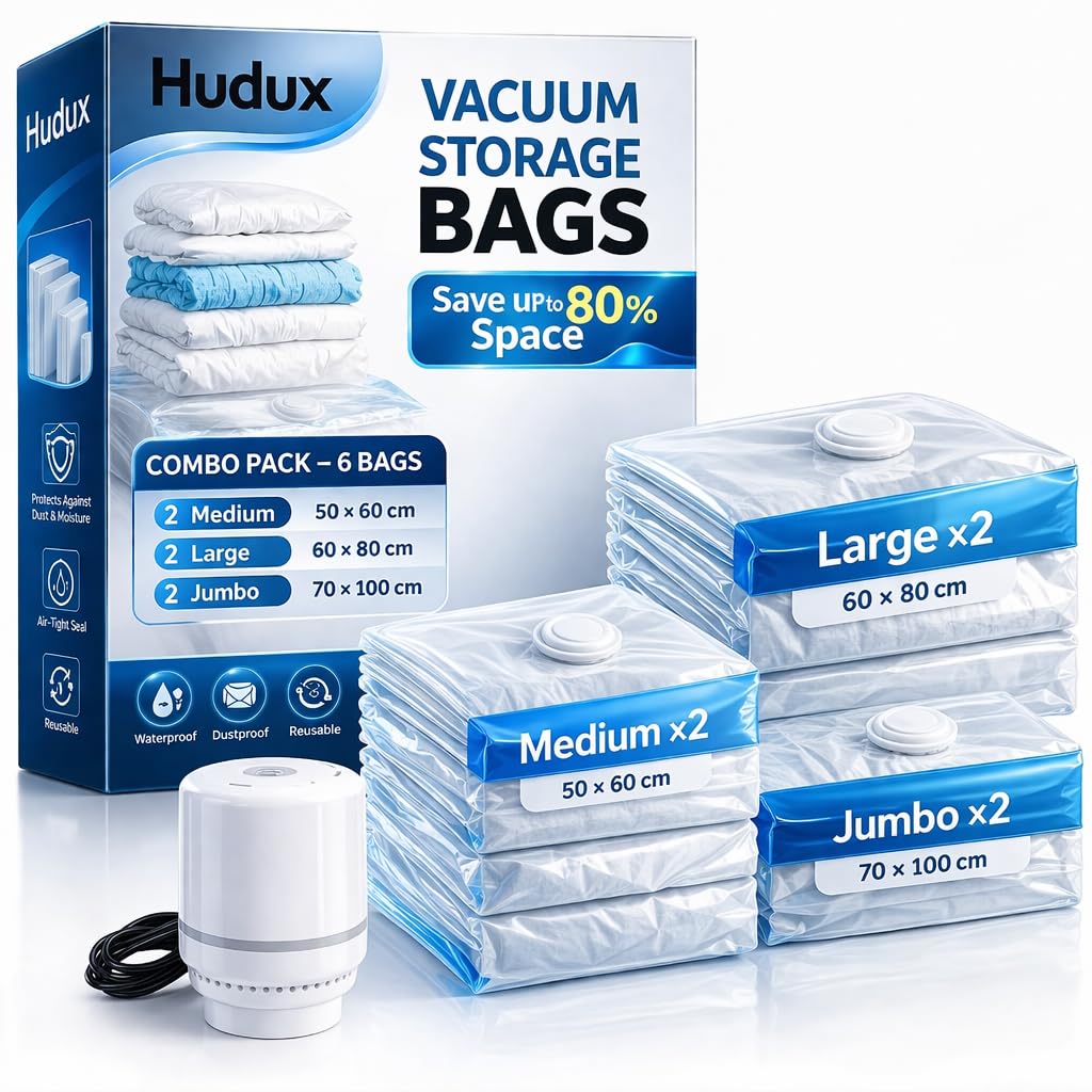 Hudux 6 Combo 2X50*60,2X 60*80Cm,2X70*100Cm Vacuum Bags With Electric Pump For Clothes,Blankets,Pillows, Bedding,Airtight Reusab