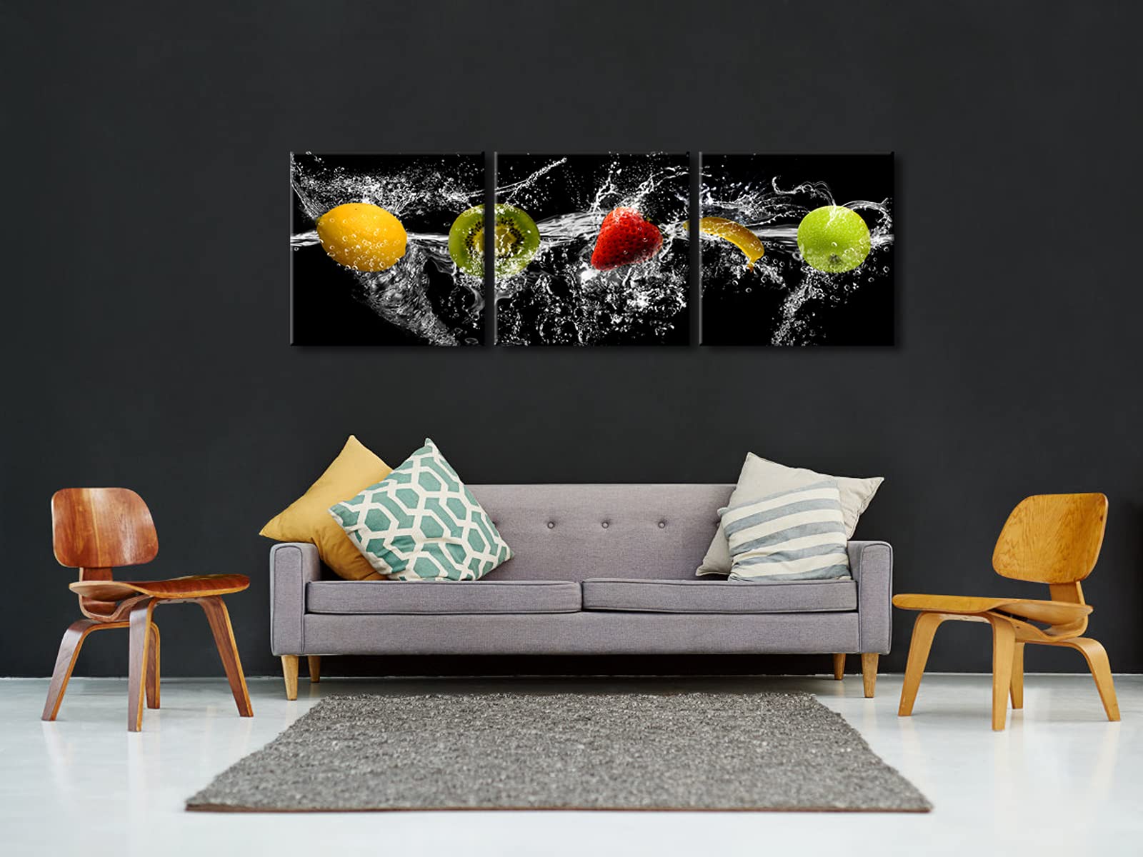 Pyradecor Dancing Fruit Large Modern Landscape Artwork 3 Piece Gallery Wrapped Giclee Canvas Prints Black Pictures Paintings On