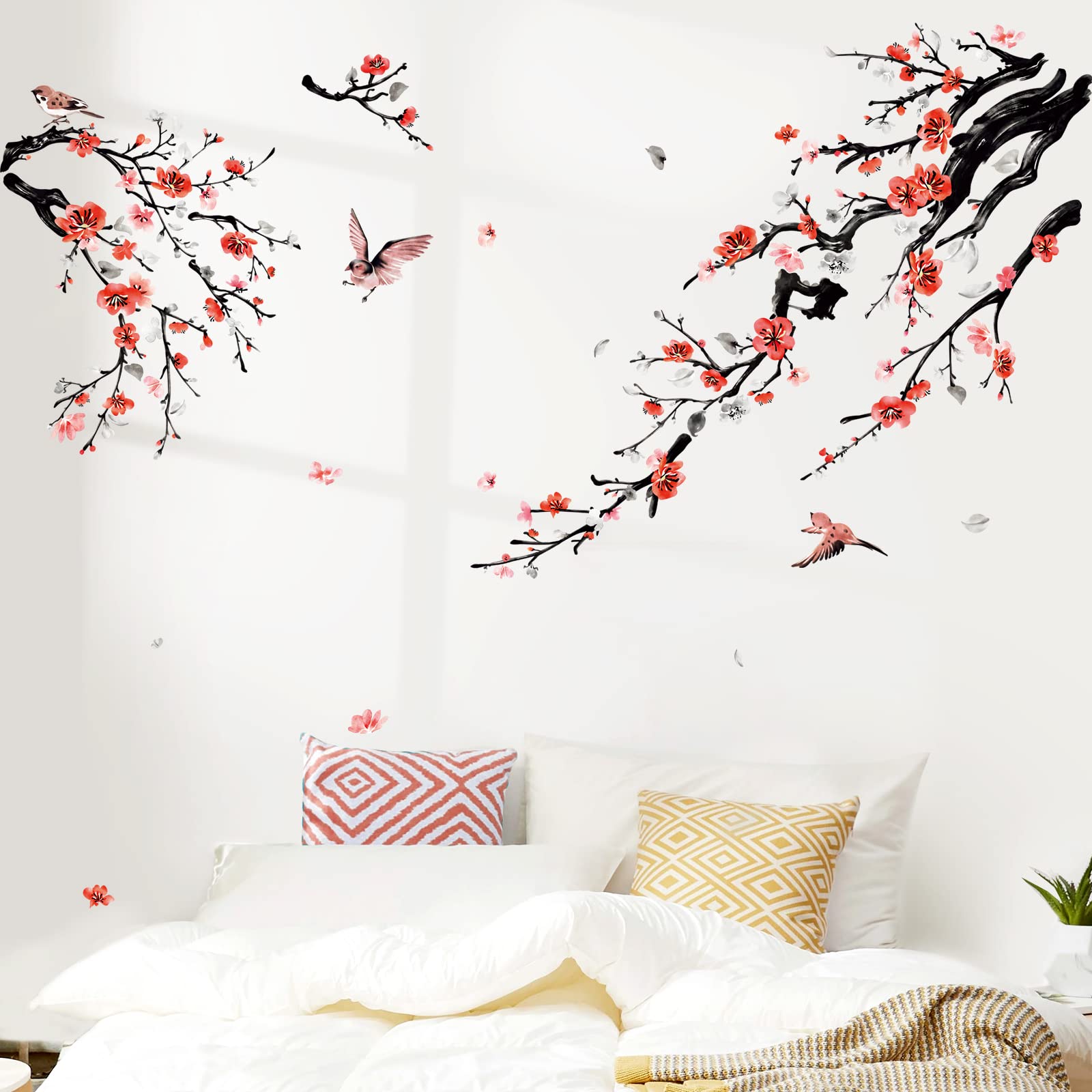 Wondever Watercolor Flower Tree Branch Wall Stickers Blossom Red Floral Birds Peel And Stick Wall Art Decals For Living Room Bed