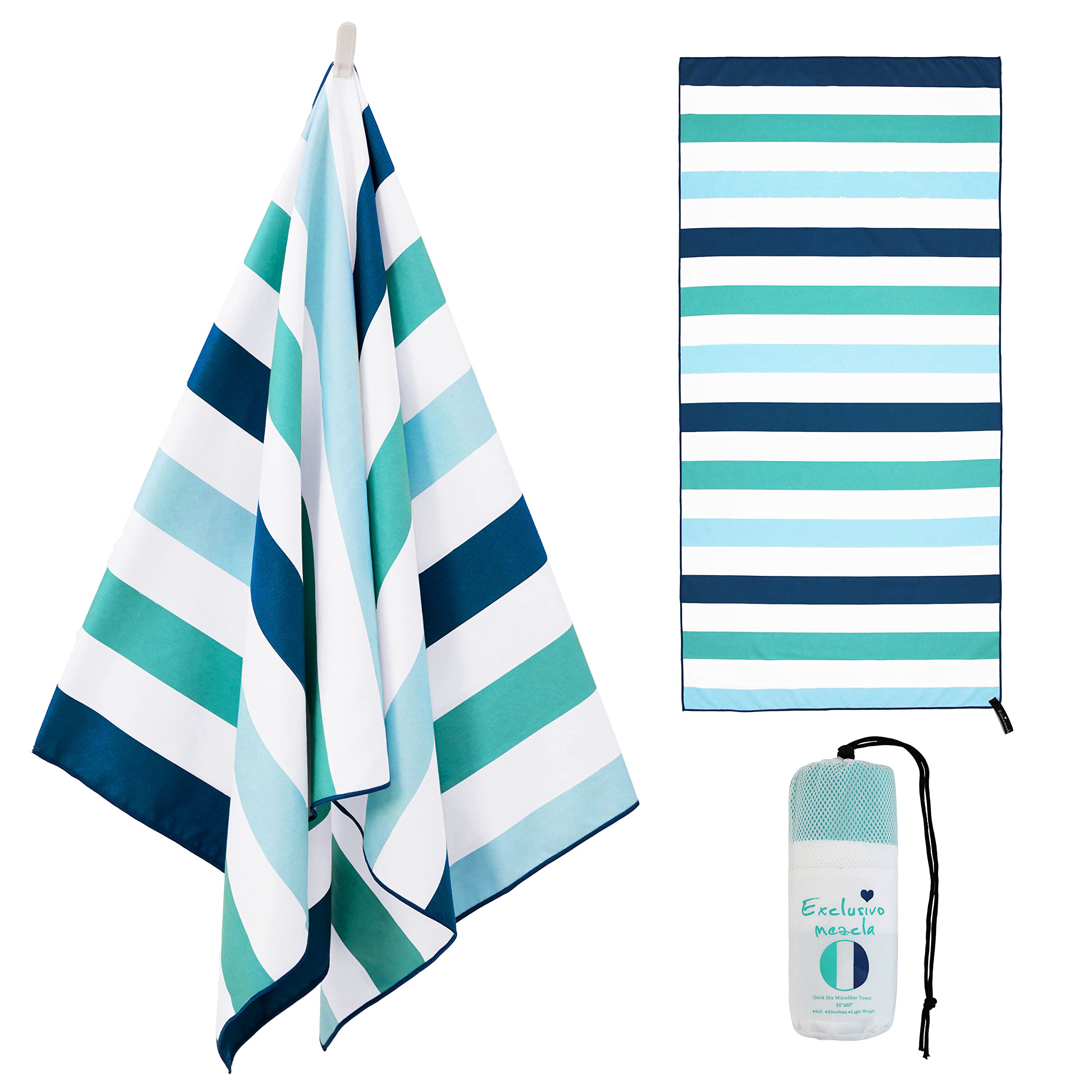 Exclusivo Mezcla Large Microfiber Quick Dry Beach Towel, Lightweight Sand-Free Cabana Stripe Pool Travel Camping Towel with Bag 