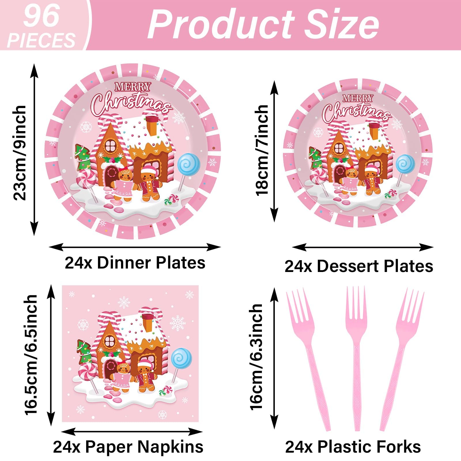 96Pcs Christmas Gingerbread Party Supplies Christmas Paper Plates Nankins Pink Gingerbread House Party Decorations Xmas Winter H