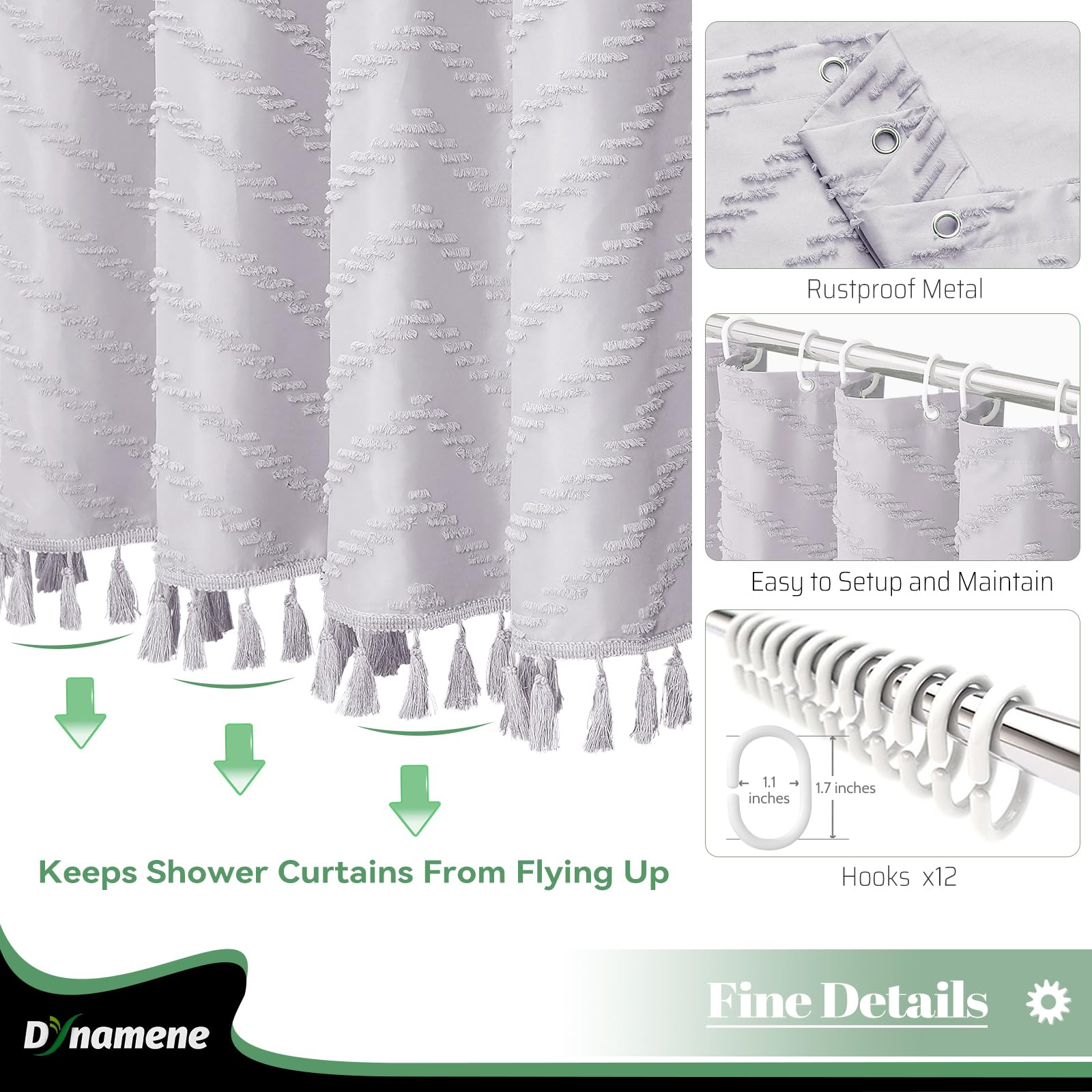 Dynamene Boho Farmhouse Shower Curtain, Lavender Fabric Tufted Chevron Striped Textured Tassel Shower Curtains For Bathroom, Sha