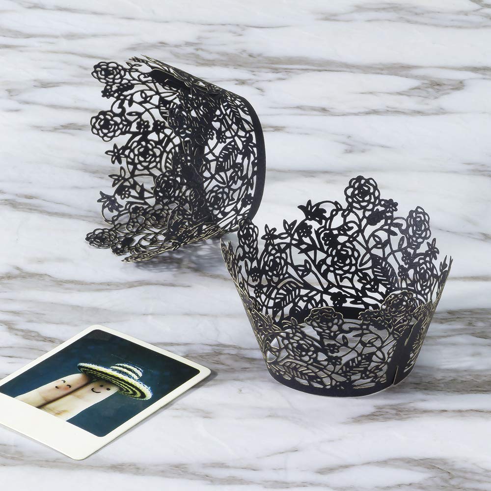 Yozatia 60Pcs Black Rose Lace Cupcake Wrappers Holders, Laser Cut Cupcake Liners Decorative Liners For Wedding Party Birthday Ca