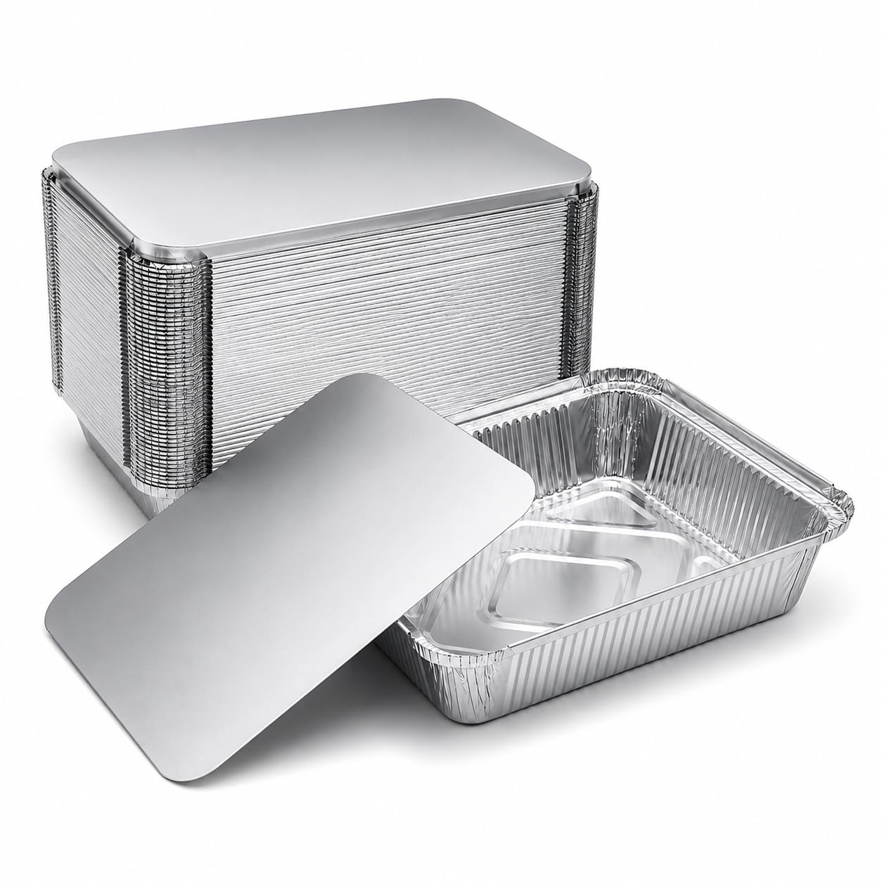 Aluminum Pans with Cardboard Lids, 50 Pack, 2.25 LB Capacity (1100ml), 8.5 x 6.3 x 2 Inch Heavy Duty Foil Food Containers for Me