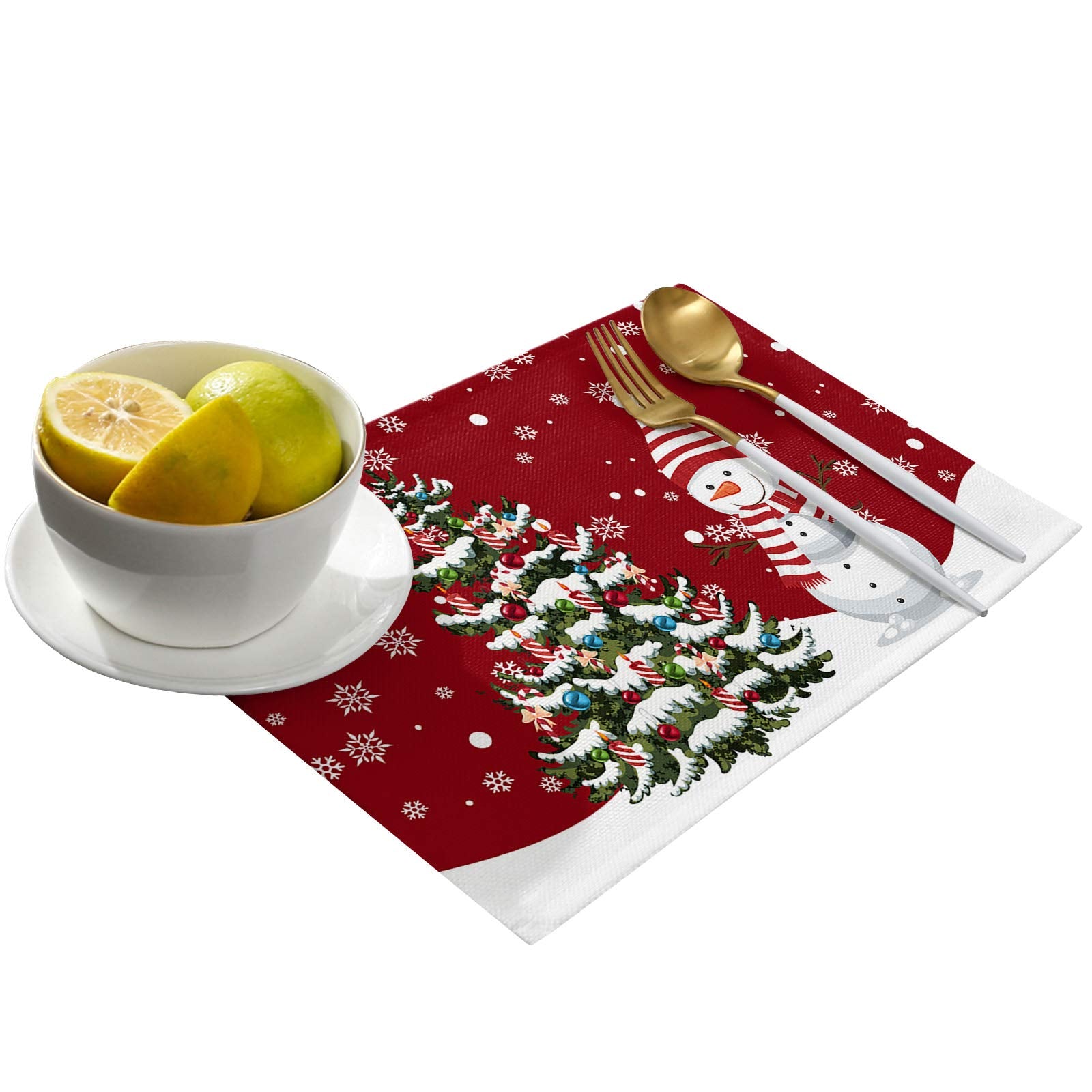 Christmas Placemats Set Of 4,Merry Christmas Snowman Snowflake Xmas Tree Heat-Resistant Placemats For Dining Table,Cotton Linen