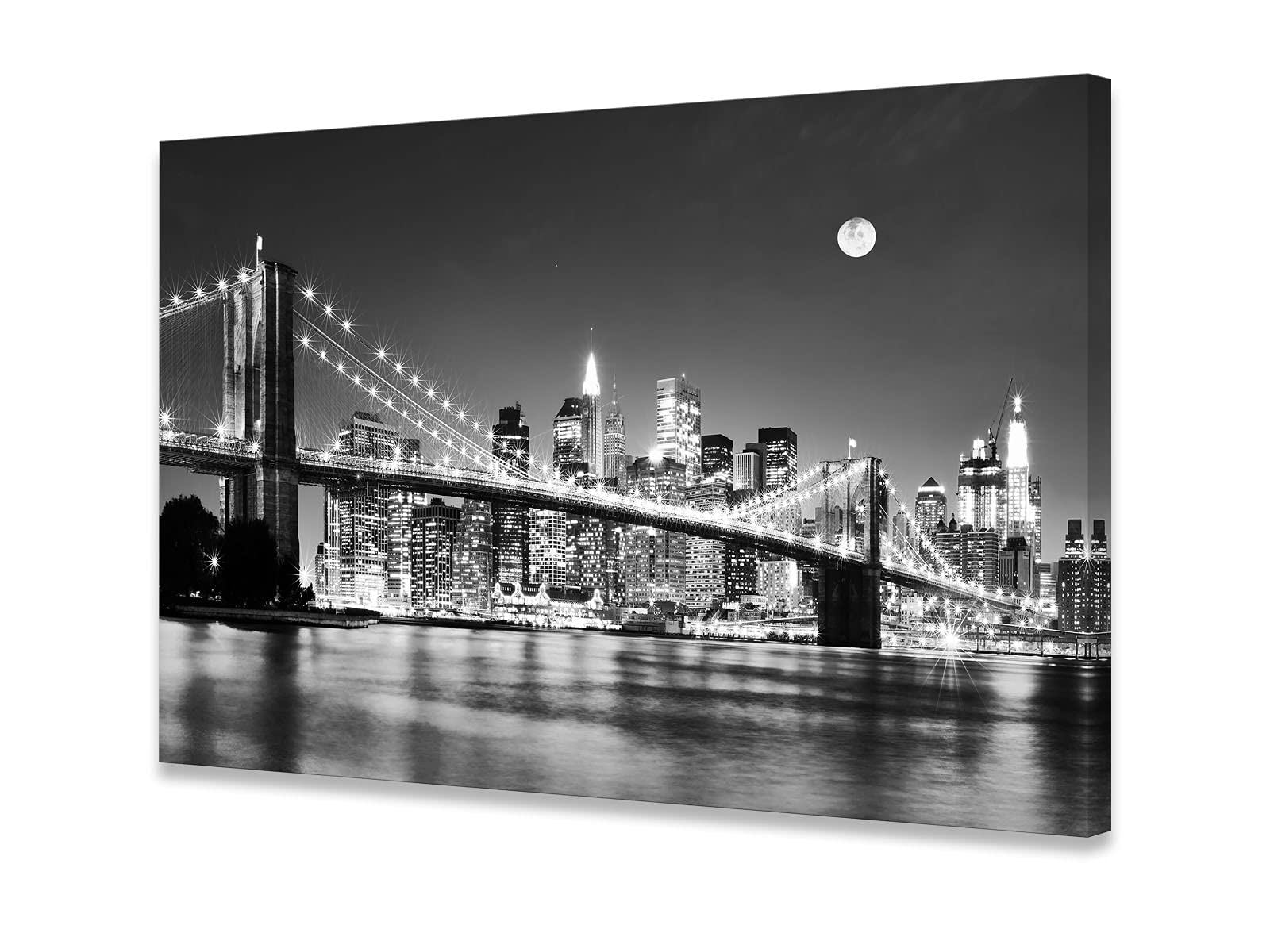 Baisuart-Q30369 Brooklyn Bridge Night View 1 Panels Landscape Artwork Canvas Prints Moon Night New York City Scene Picture Paint