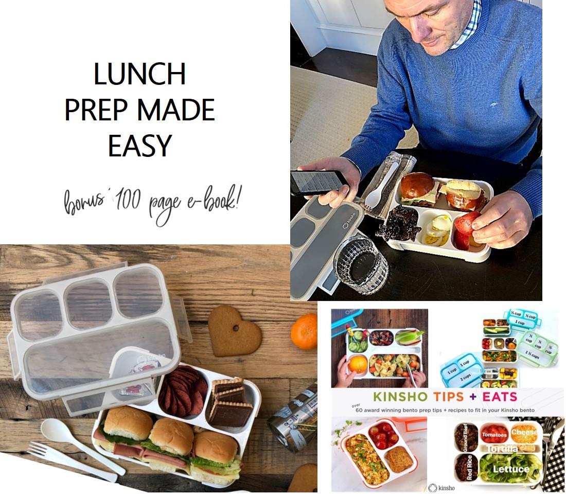 Kinsho Bento Lunch Box Container For Kids Adults, Leakproof Portion Control Meal Prep Containers, Japanese Style Boxes With 4 Co