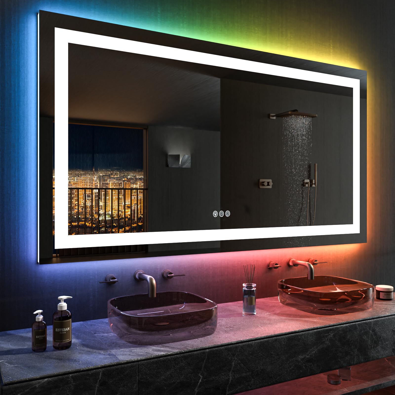 Loaao 60   X30 Rgb Led Bathroom Mirror With Lights For Bathroom, Anti-Fog, Dimmable,Multiple Light Modes, Rgb Backlit + Front Li