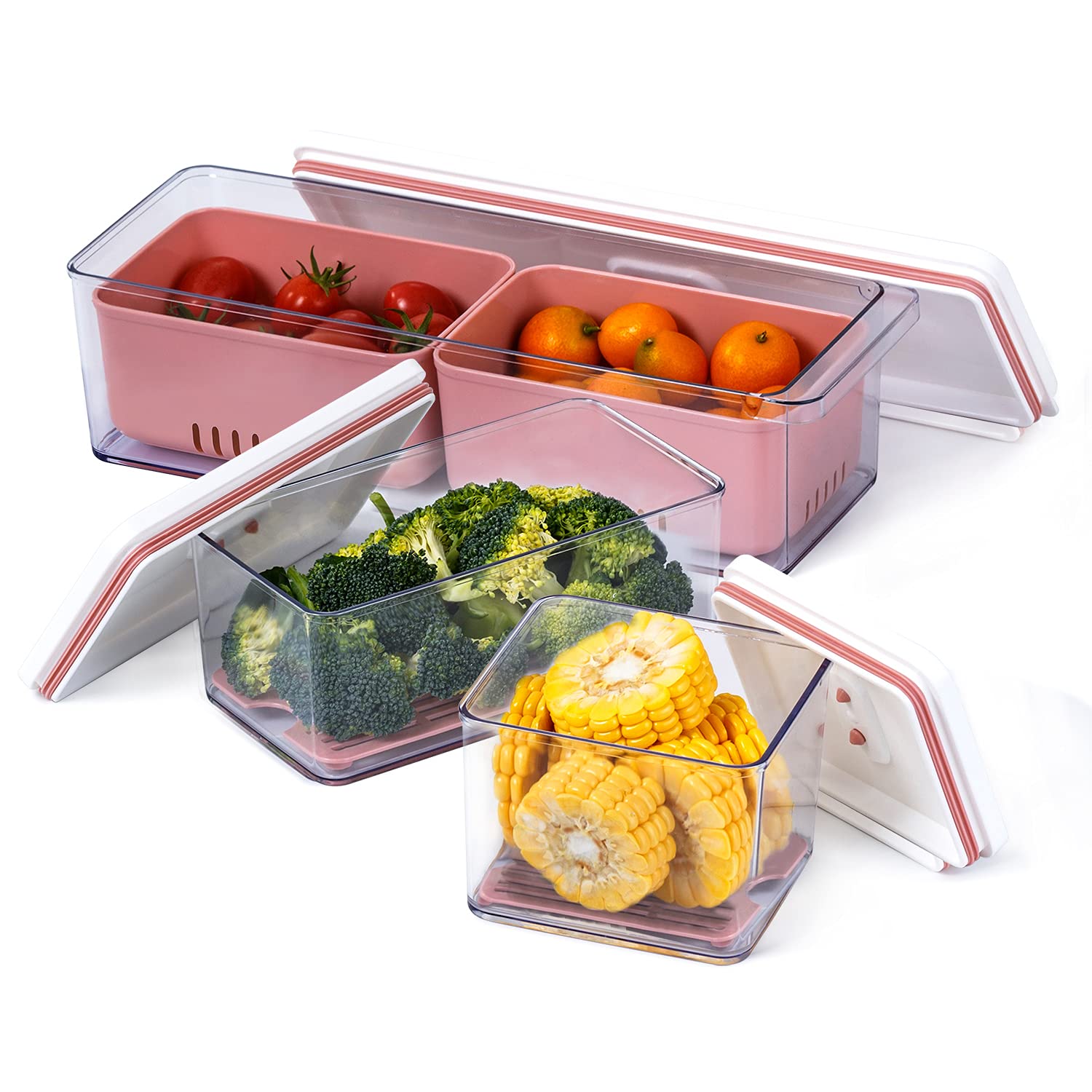 Lille Home Stackable Produce Saver, Organizer Bins/Storage Containers With Removable Drain Tray, Set Of Three, For Refrigerators