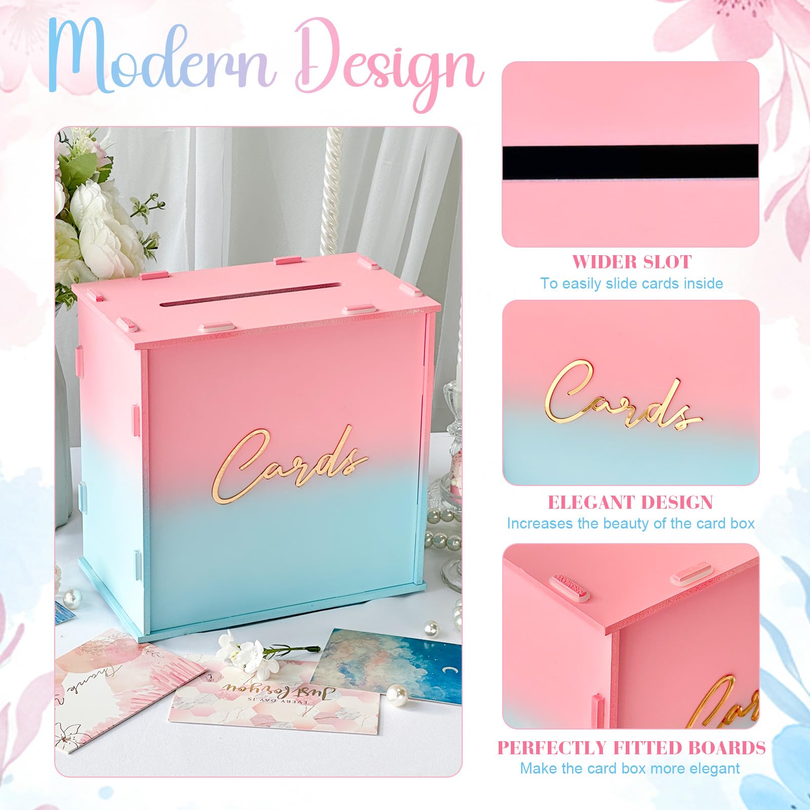 OurWarm Pink and Blue Wedding Card Box, PVC Gift Card Box for Wedding Reception Decorations, Money Gift Boxes with Gold Letters