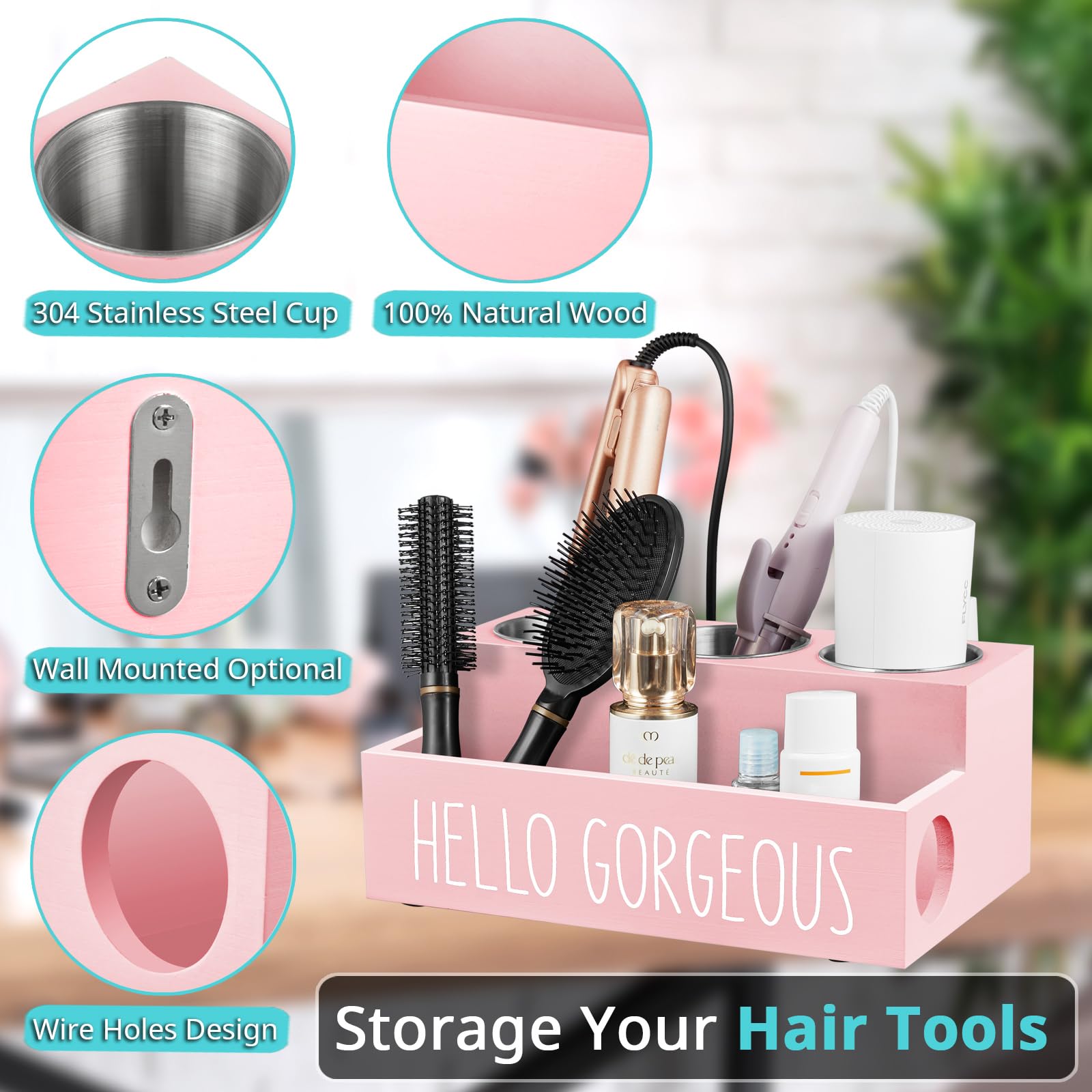 Bivvclaz Hair Tool Organizer Wall Mount, Wooden Hair Dryer Holder Countertop, Hot Tools Organizer For Hair Styling Accessories,