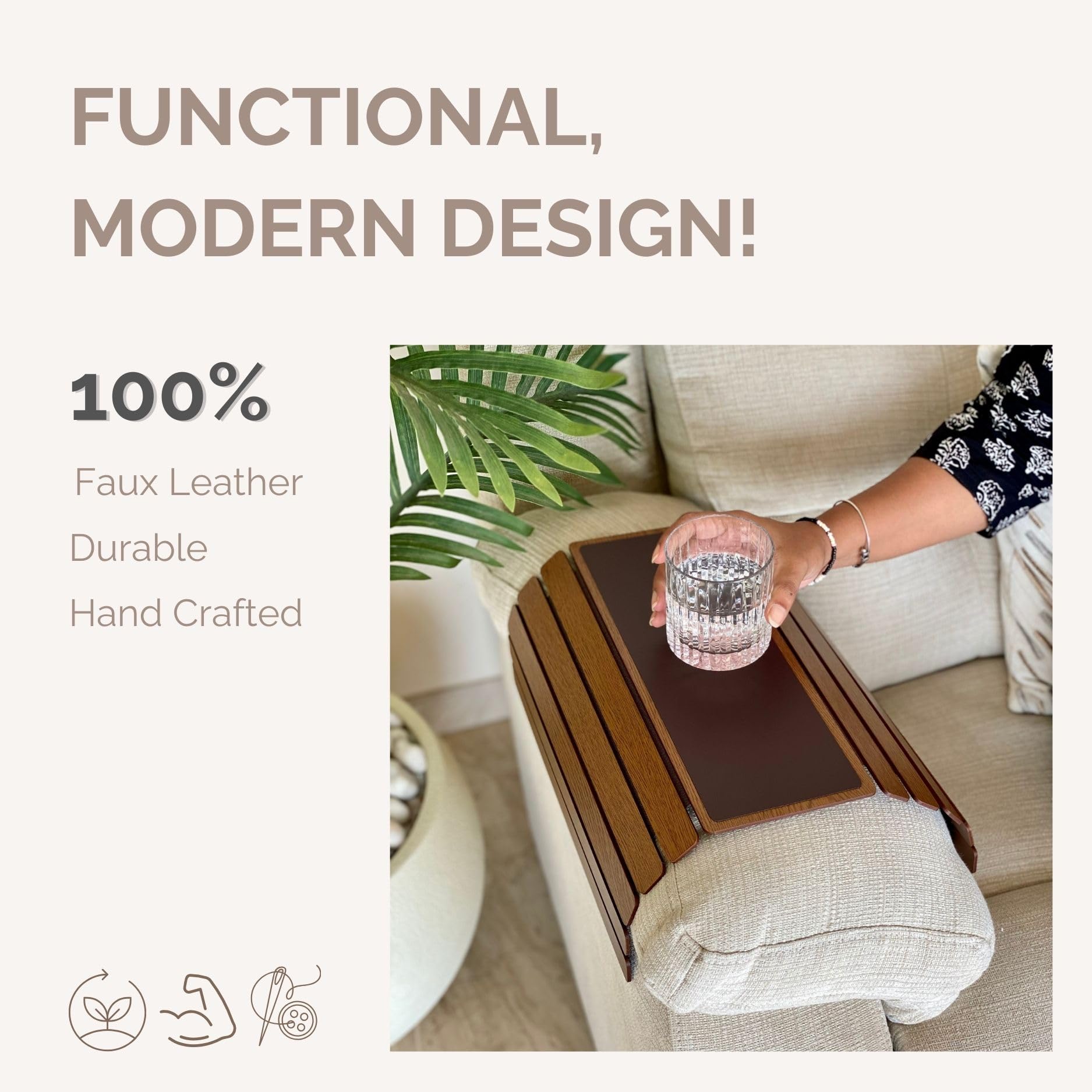 Mason Home Elm Sofa Armrest Tray - Brown Full Grain Bamboo Wood With Anti Slip Pad | Dining Tray | Home & Office Dcor | Furnitur